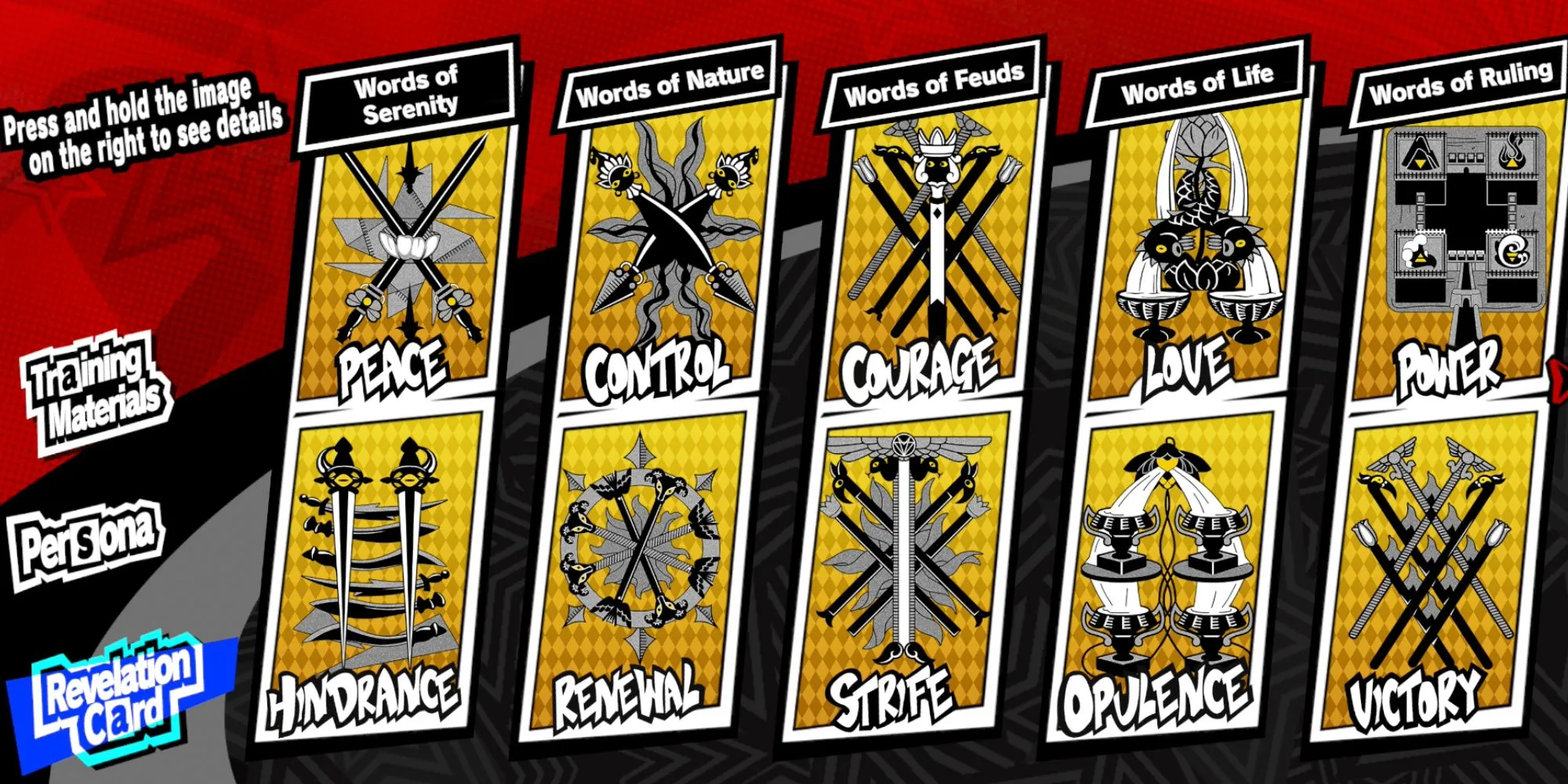 Các loại Revelation Cards trong Persona 5: The Phantom X, yếu tố then chốt để tùy chỉnh chỉ số và sức mạnh nhân vật.