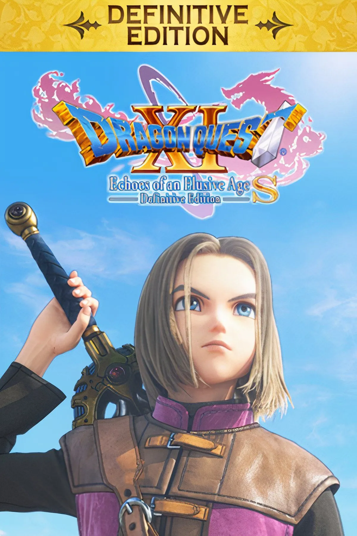 Các nhân vật chính của Dragon Quest 11: Echoes of an Elusive Age đứng trong một khung cảnh giả tưởng đầy màu sắc, thể hiện phong cách nghệ thuật đặc trưng của Akihama Toriyama.