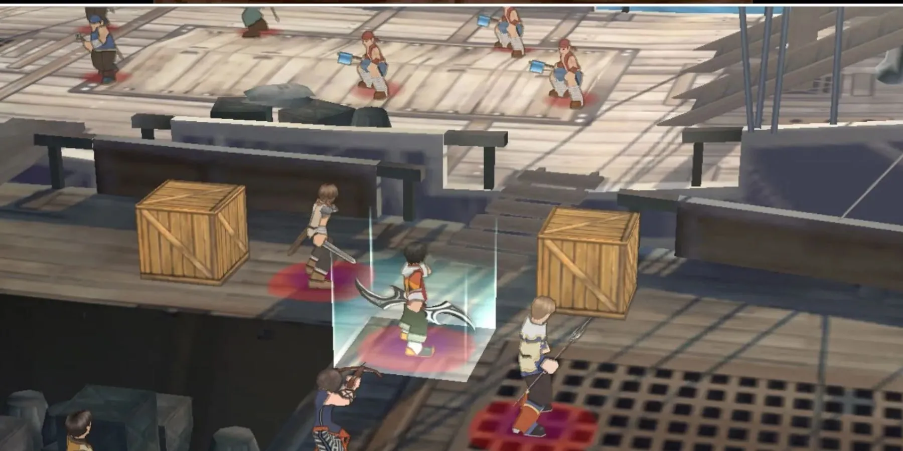 Cảnh chiến đấu chiến thuật theo lượt đặc trưng của Suikoden Tactics.