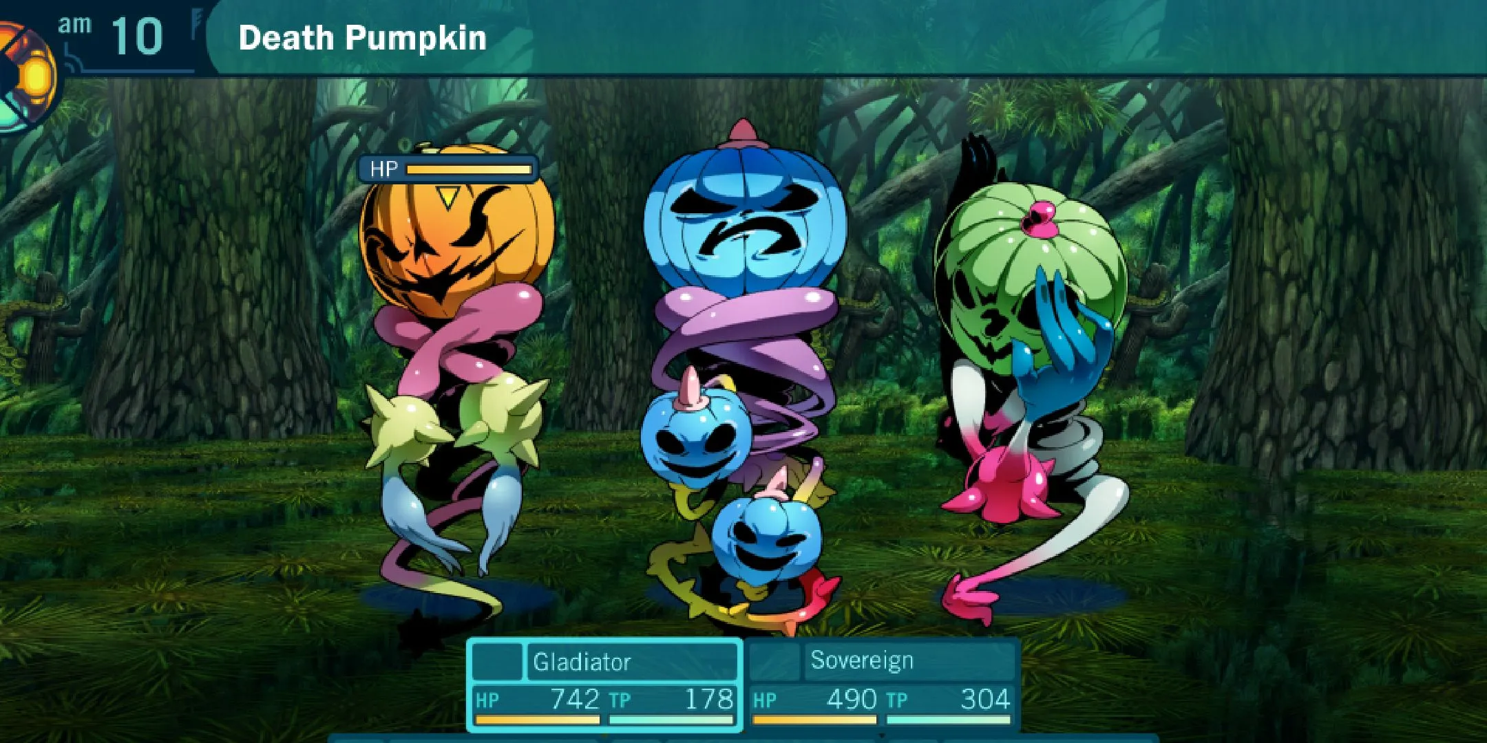 Cảnh chiến đấu trong Etrian Odyssey HD với quái vật Death Pumpkin, thể hiện phong cách dungeon crawler cổ điển.