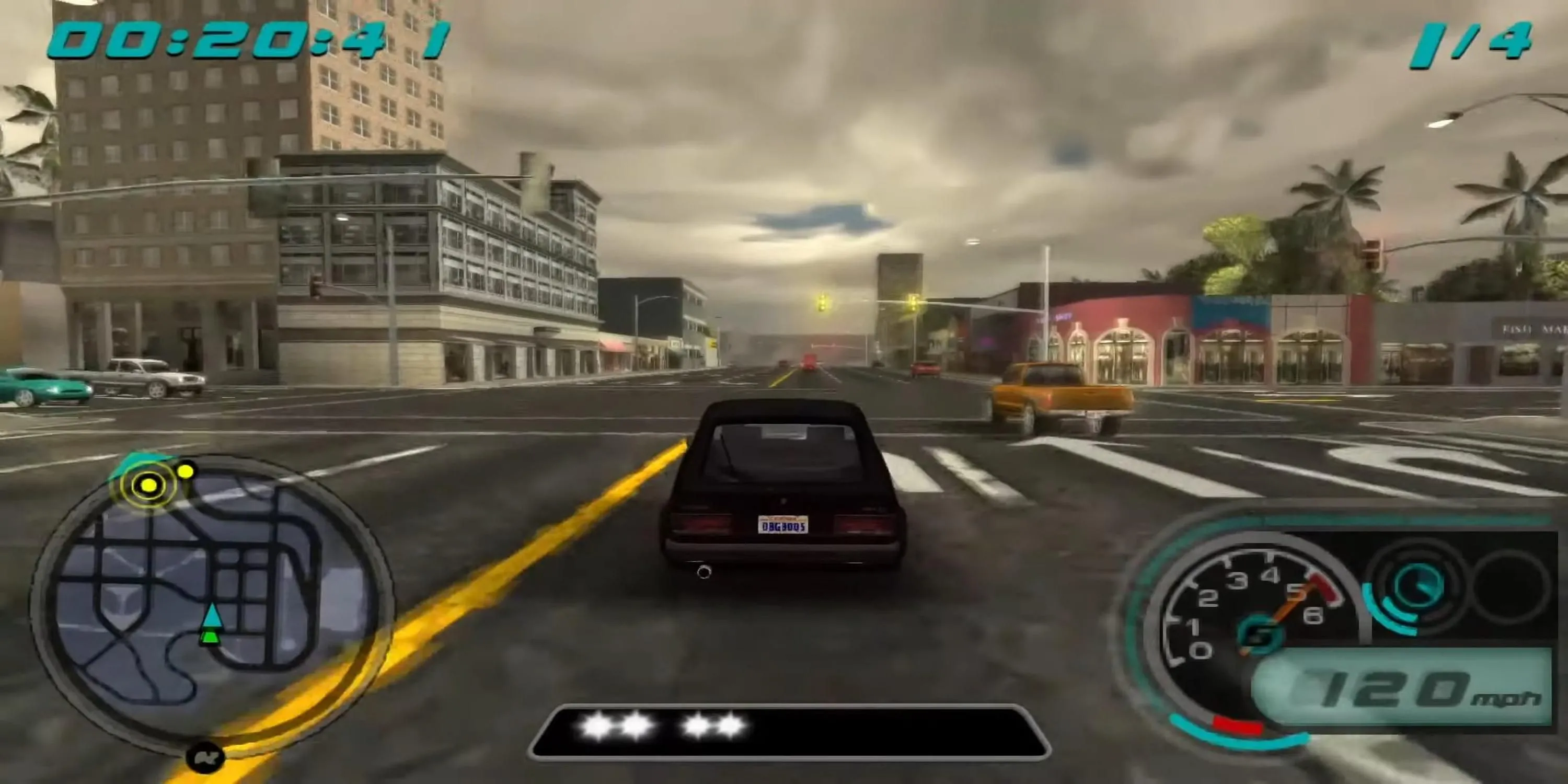 Cảnh đua xe đường phố tốc độ cao trong Midnight Club LA Remix trên PSP, một chiếc xe đen đang lướt qua đường phố đô thị về đêm