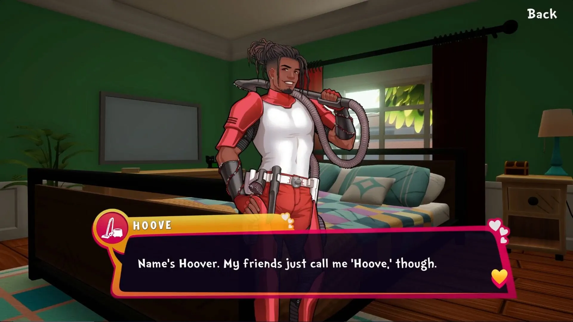 Cảnh game Date Everything! với một nhân vật đồ vật dễ thương đang tương tác trong nhà