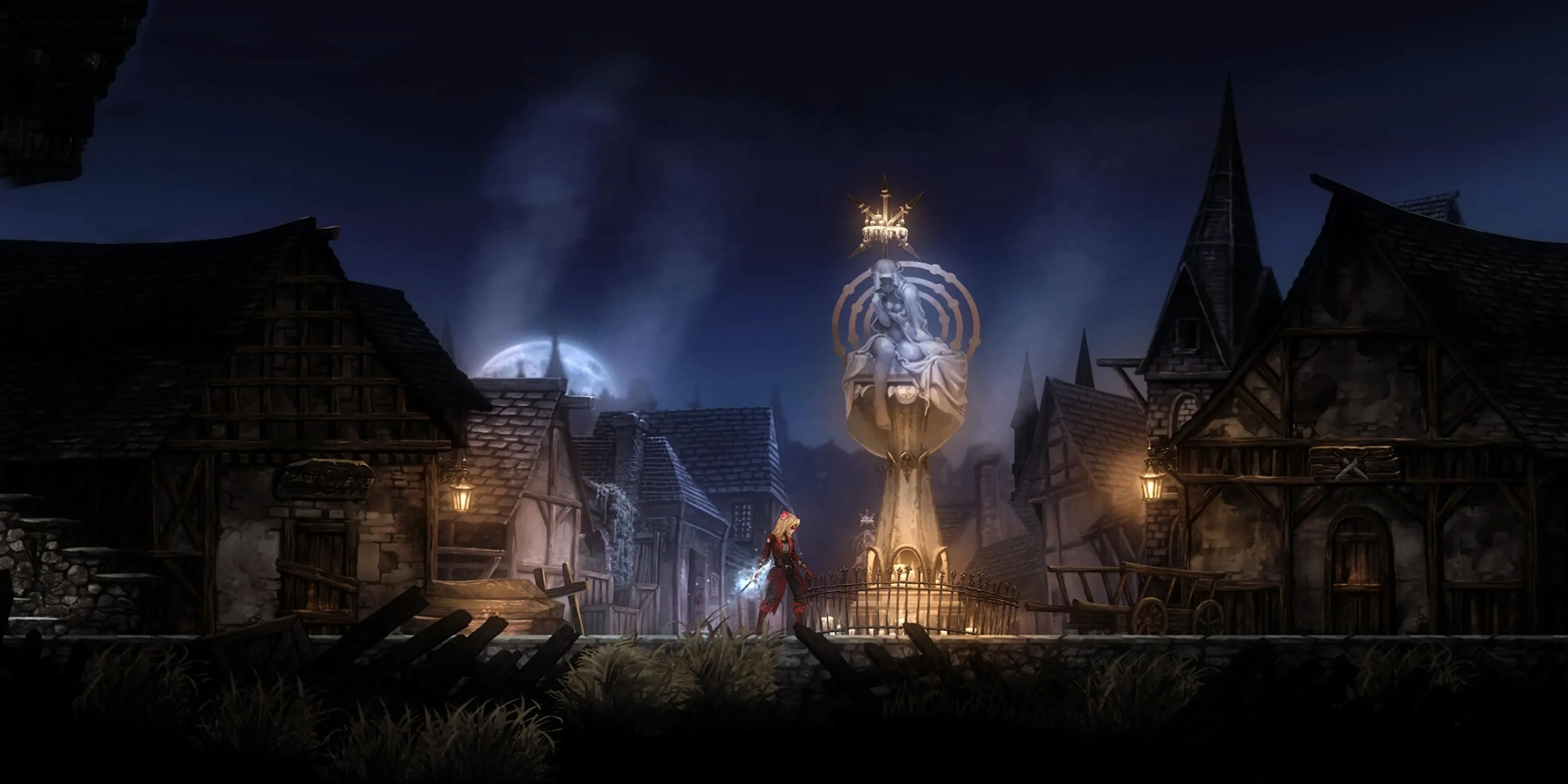 Cảnh Leila đứng cạnh đài phun nước trong Vigil: The Longest Night, khắc họa không khí u ám, Gothic của thế giới game.