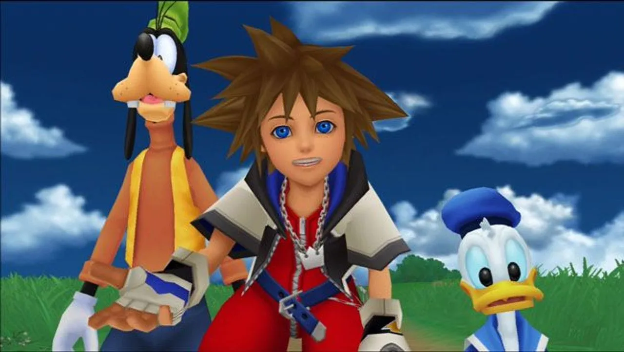 Cảnh Sora, Donald và Goofy tương tác với các nhân vật Disney/Pixar trong một môi trường 3D sống động, minh họa sự đa dạng về thế giới trong series.