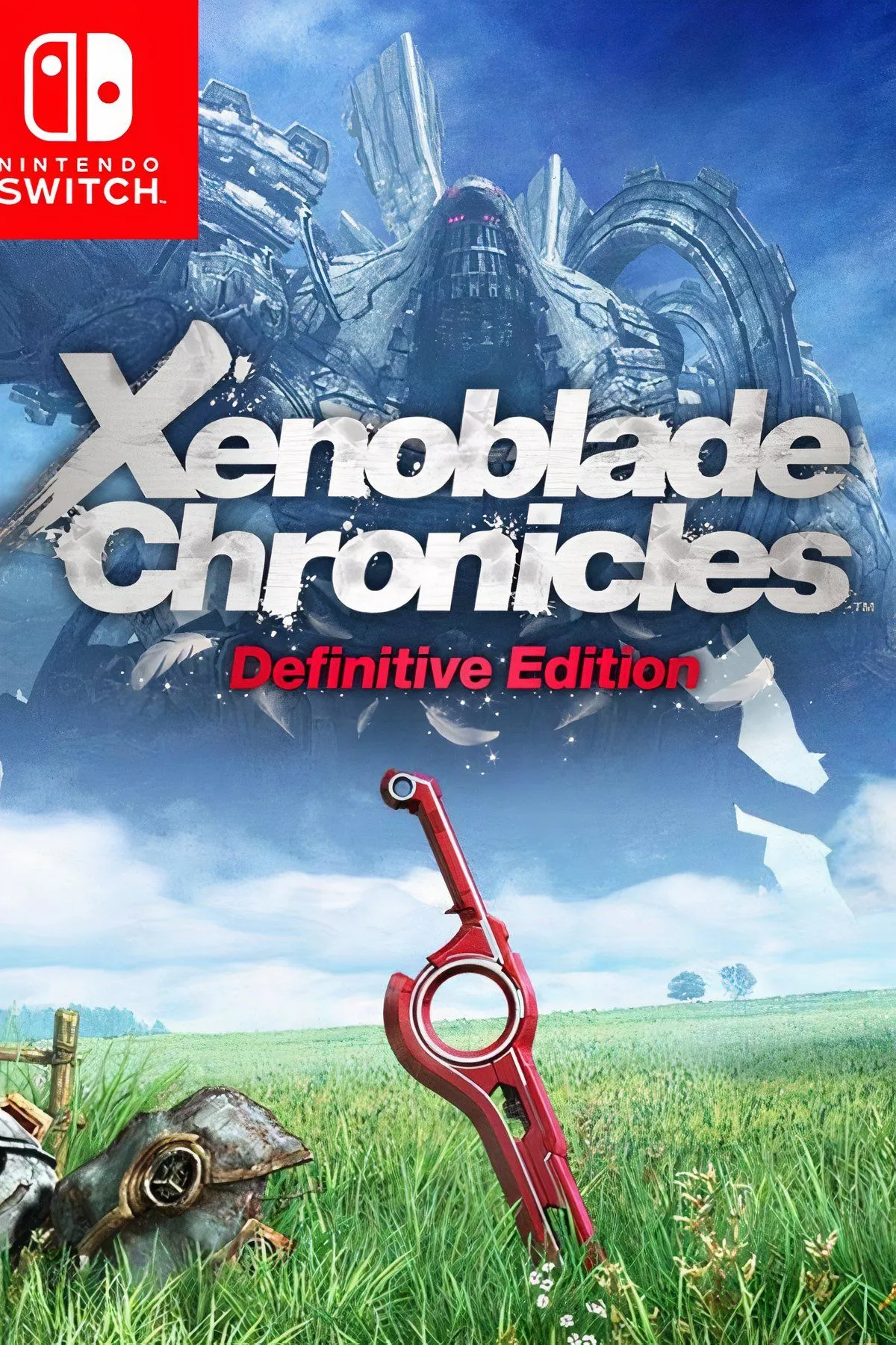 Cảnh tượng rộng lớn của thế giới Bionis trong Xenoblade Chronicles Definitive Edition, với nhân vật Shulk đứng trên một vách đá nhìn ra quang cảnh hùng vĩ, thể hiện đồ họa và không gian mở của game.