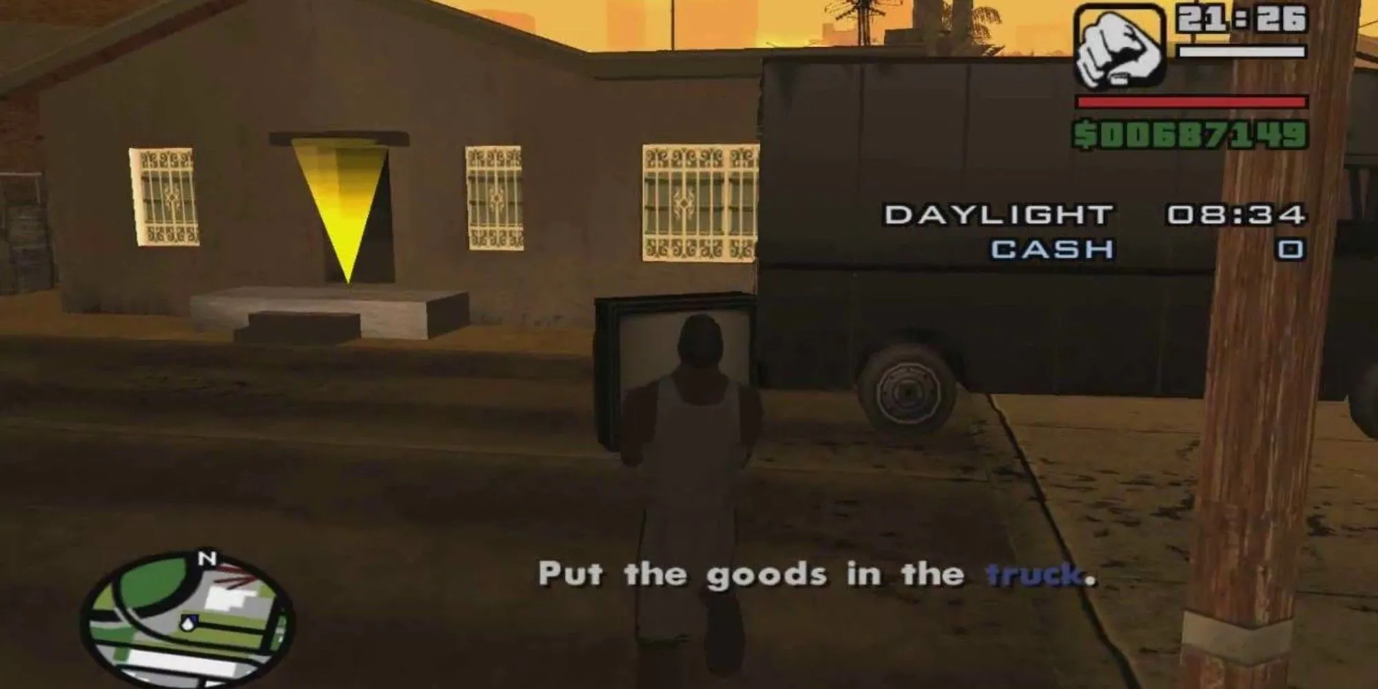 CJ lén lút vận chuyển TV bị đánh cắp trong Grand Theft Auto San Andreas, ví dụ nhiệm vụ tàng hình