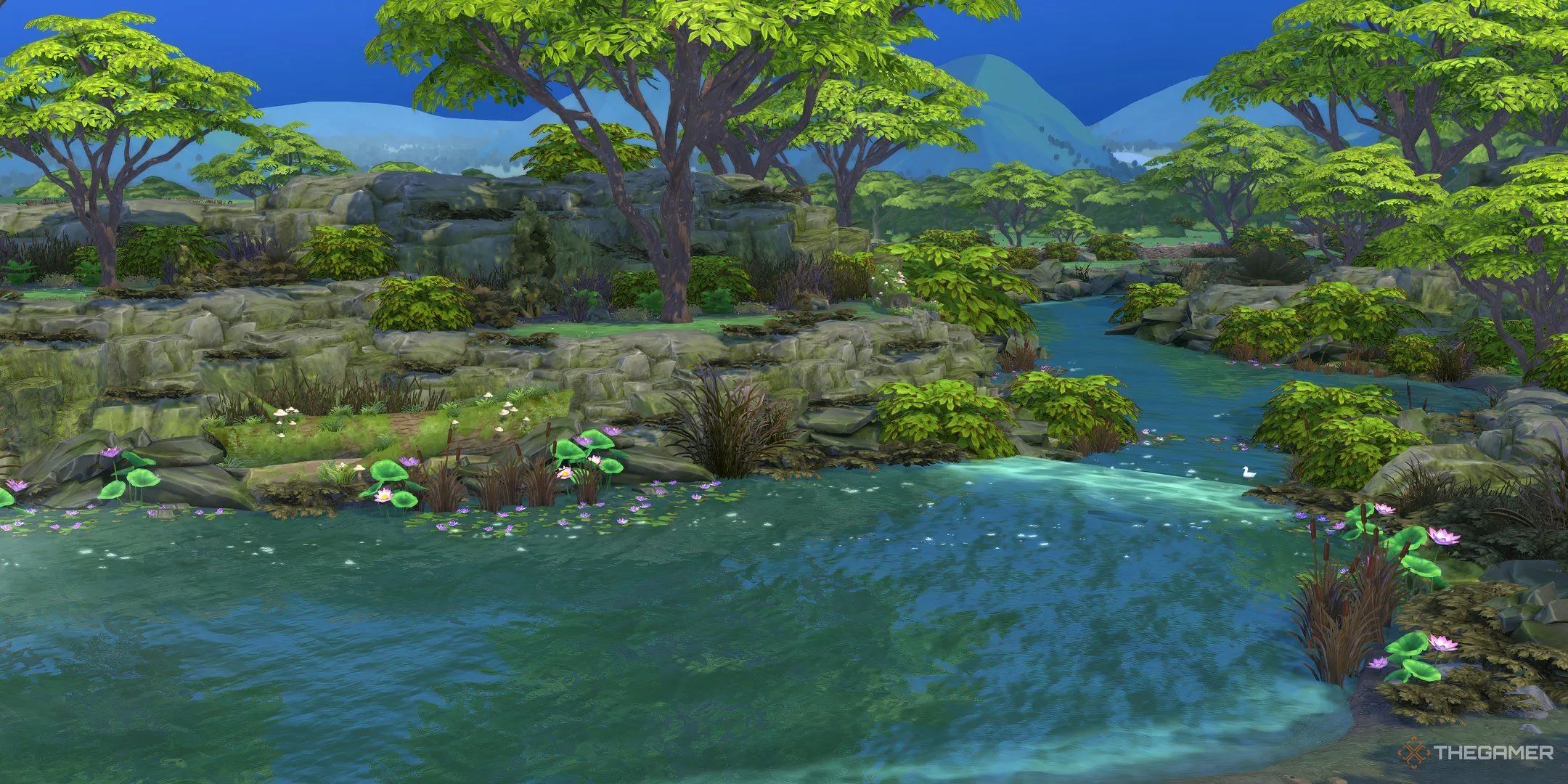 Dòng sông êm đềm chảy qua Sprucederry Grove trong The Sims 4.