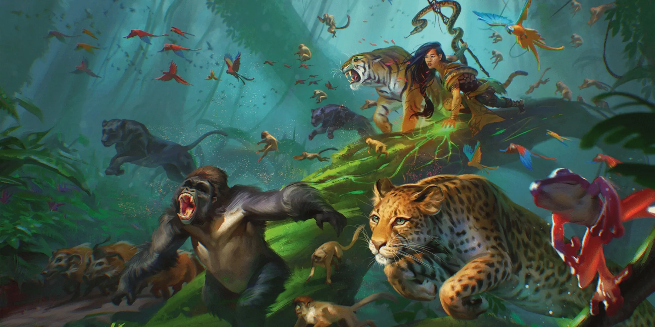Druid giao tiếp với các sinh vật rừng, minh họa cho phép thuật biến hình Polymorph và Shape Change trong D&amp;D