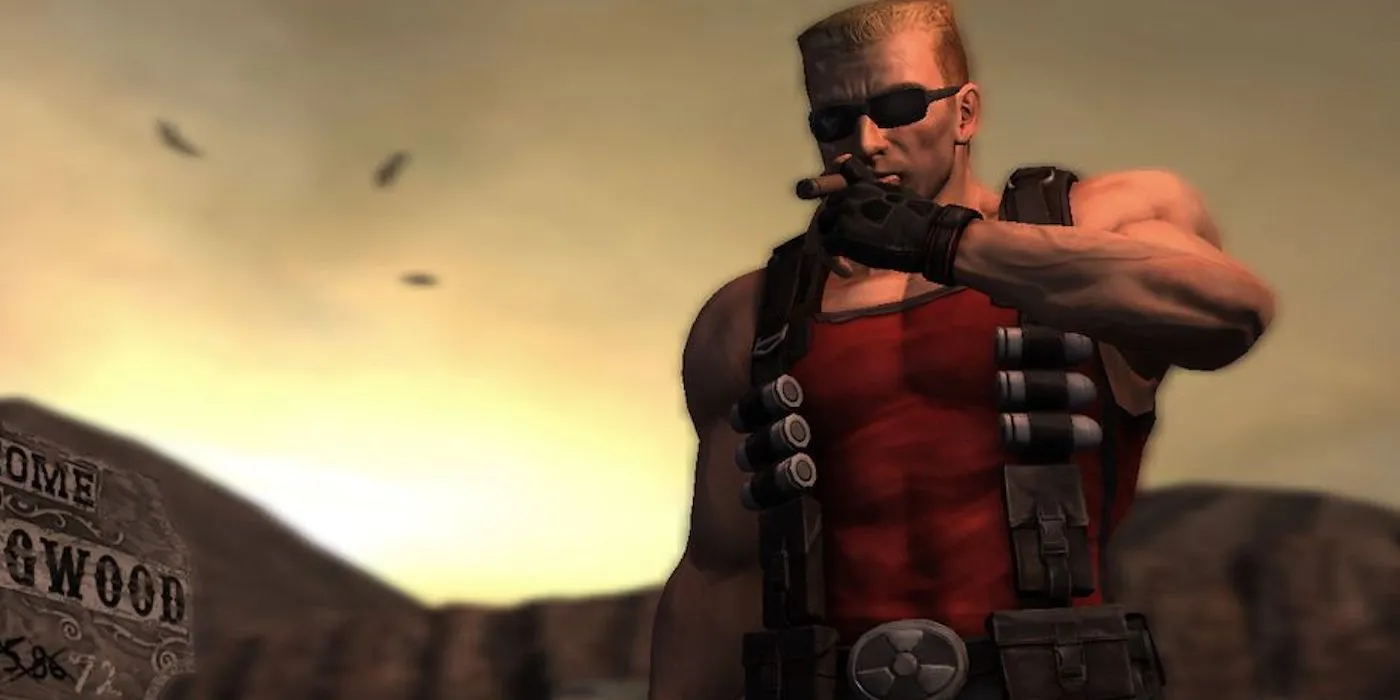 Duke Nukem hút xì gà trong game Duke Nukem Forever, tựa game FPS đình đám từng bị trì hoãn phát hành nhiều năm.