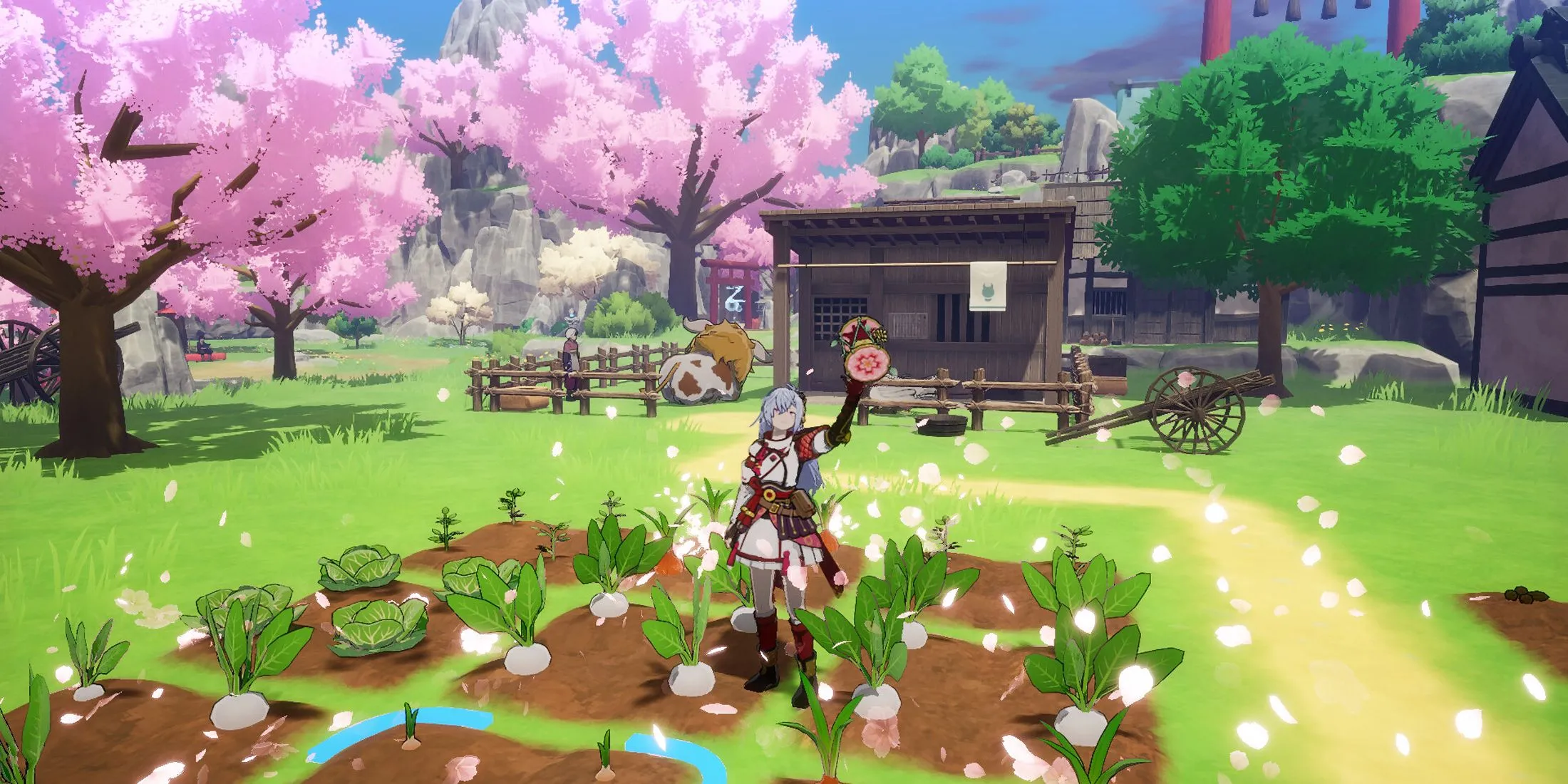 Earth Dancer đang canh tác trên cánh đồng màu mỡ, thể hiện cơ chế nông trại cốt lõi của Rune Factory Guardians of Azuma