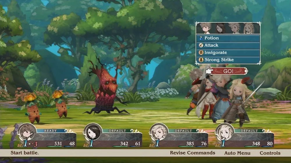 Giao diện chiến đấu theo lượt trong Bravely Default Flying Fairy HD Remaster, thể hiện cơ chế Brave và Default