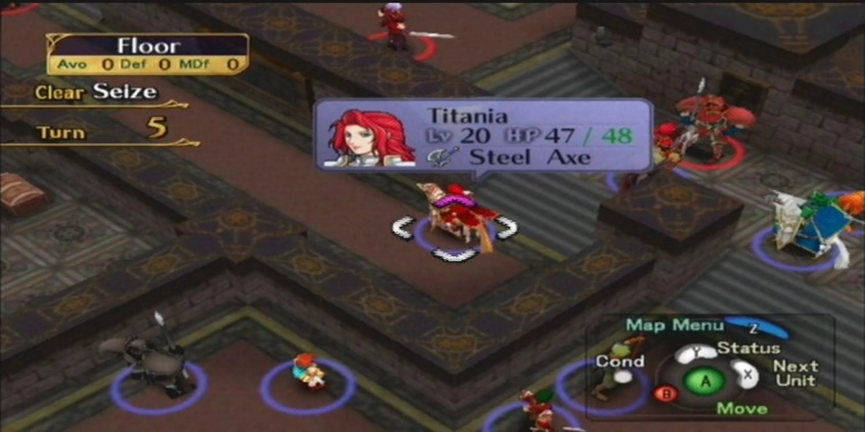 Giao diện chiến thuật trong Fire Emblem: Path of Radiance, hiển thị bản đồ lưới và các đơn vị quân đội của Ike.