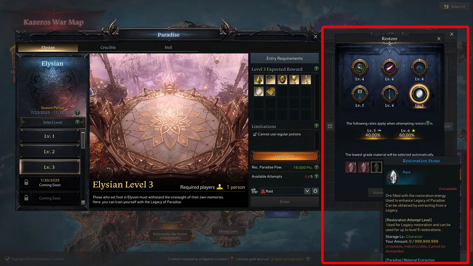 Giao diện &quot;Legacy of Paradise&quot; trong Lost Ark, hiển thị các món trang bị mới như Censer, Whistle, Mask và tính năng Khôi Phục để nâng cấp