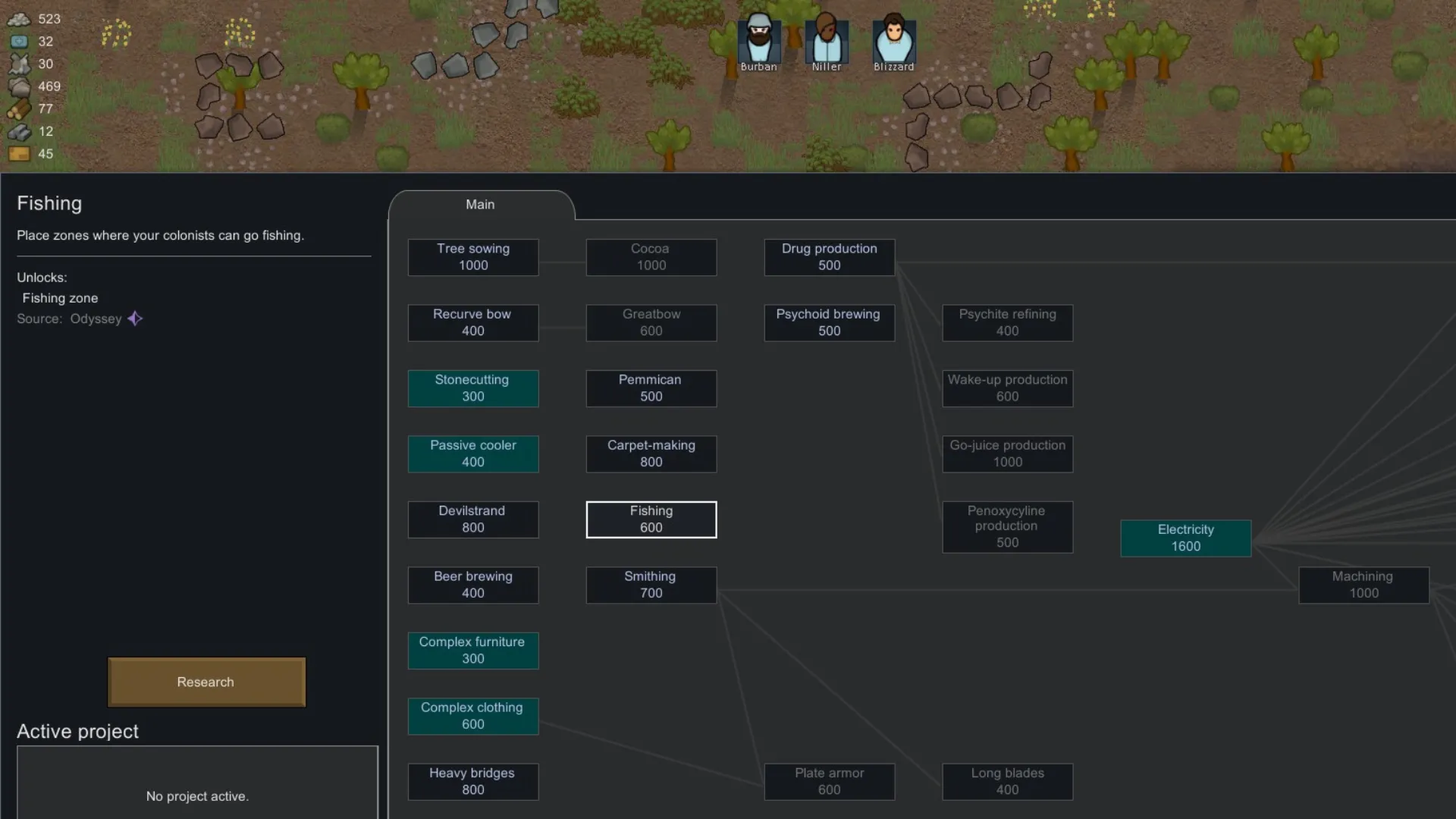 Giao diện nghiên cứu "Fishing Node" trong cây công nghệ RimWorld Odyssey, bước đầu để kích hoạt khả năng câu cá của cư dân.