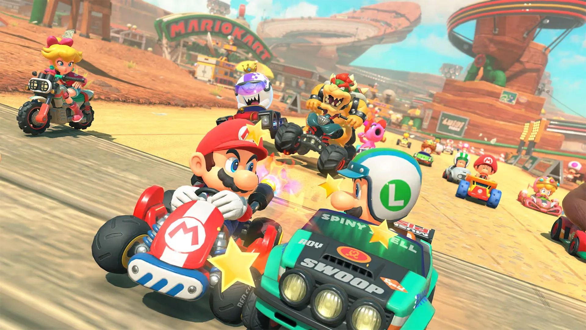 Giao diện sảnh chờ thế giới mở độc đáo của Mario Kart World, cho phép người chơi tự do khám phá khi đợi trận đấu trực tuyến