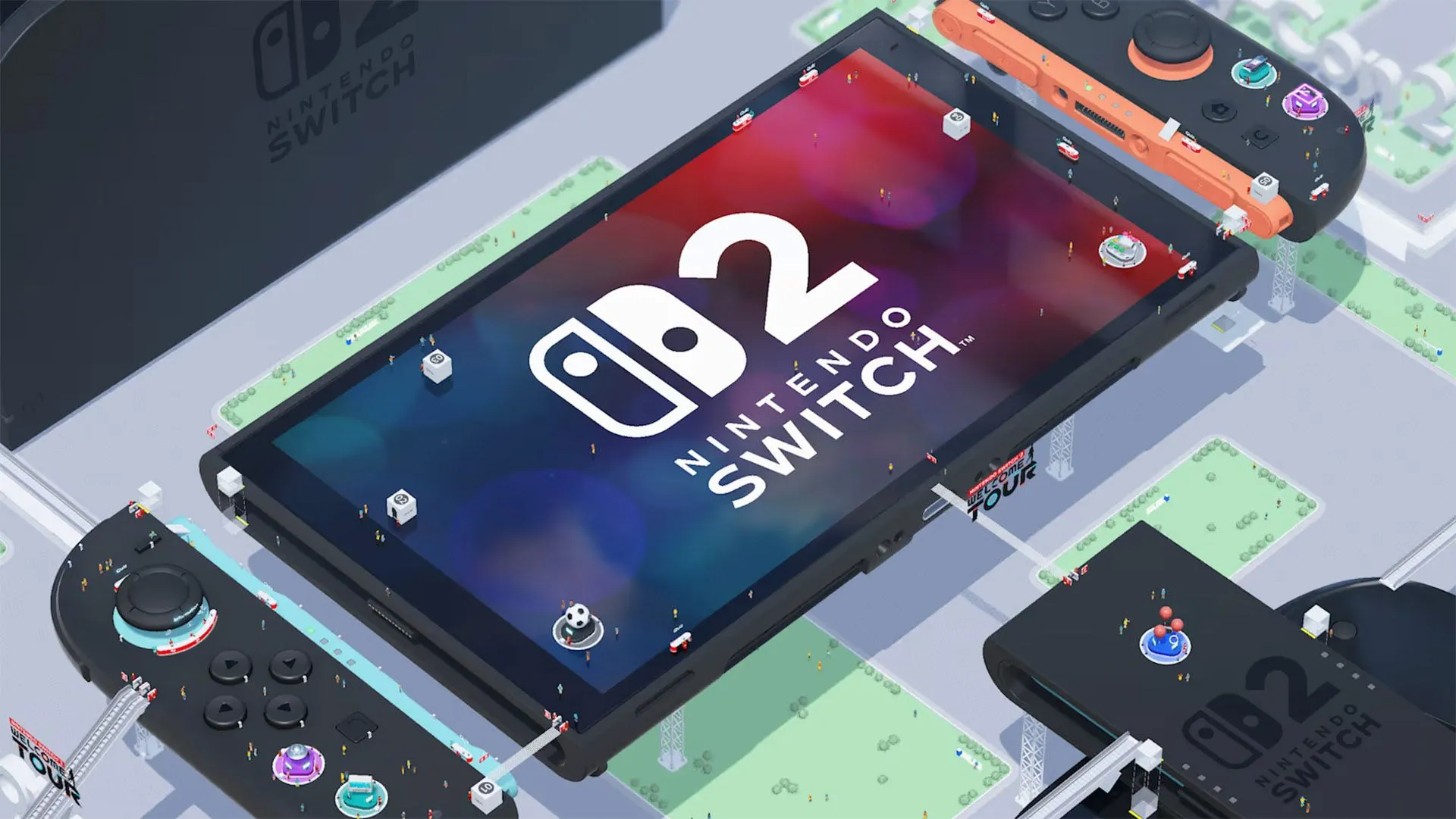 Giao diện trò chơi Nintendo Switch 2 Welcome Tour với các nhân vật và tùy chọn tương tác