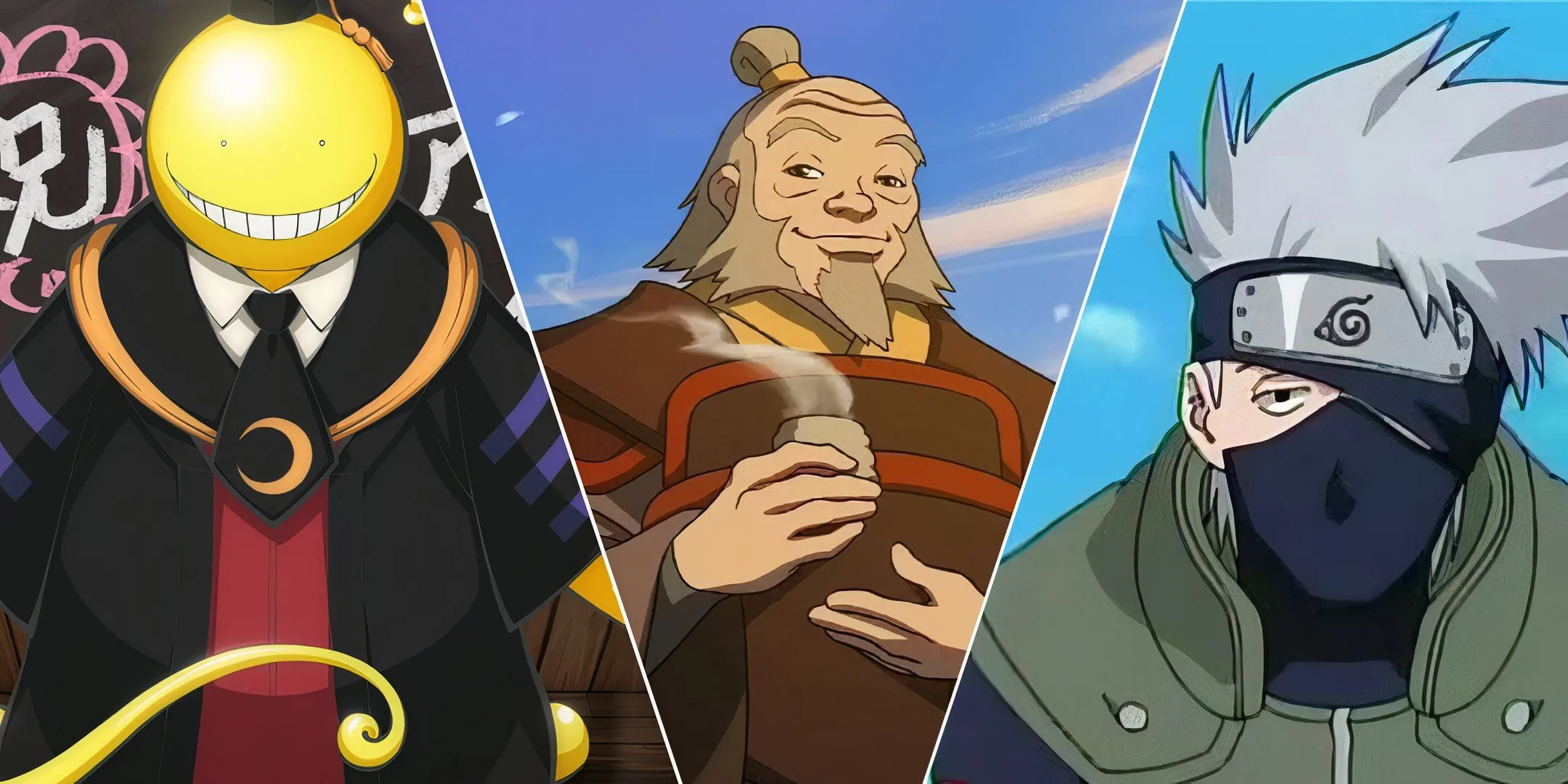 Giáo viên anime: Koro-sensei, Thầy Iroh và Kakashi Hatake đứng cạnh nhau, thể hiện sự đa dạng vai trò sư phụ.