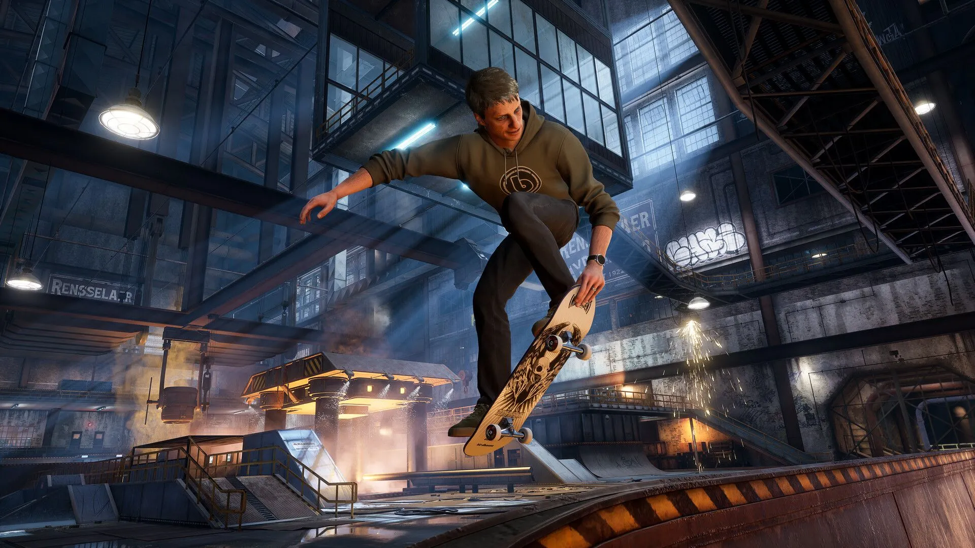 Góc nhìn cận cảnh một ván trượt ẩn trong màn chơi Alcatraz của Tony Hawk's Pro Skater 3 + 4, đặt trong một không gian hẹp.