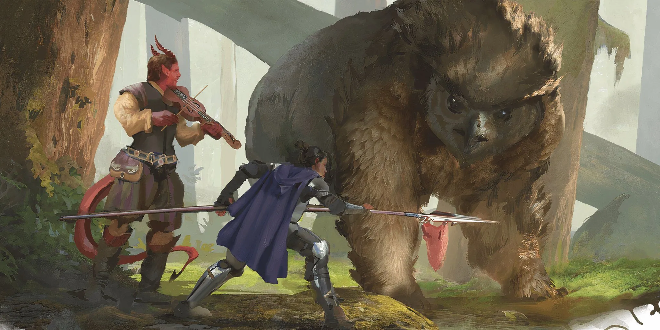 Hai nhà thám hiểm đang đàm phán với một Owlbear, thể hiện sự tương tác và hỗ trợ lẫn nhau trong nhóm Dungeons &amp; Dragons