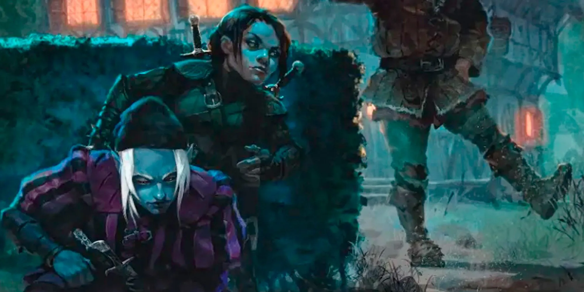 Hai nhân vật Rogue ẩn nấp sau giếng, minh họa quy tắc ẩn nấp được làm rõ trong Dungeons &amp; Dragons