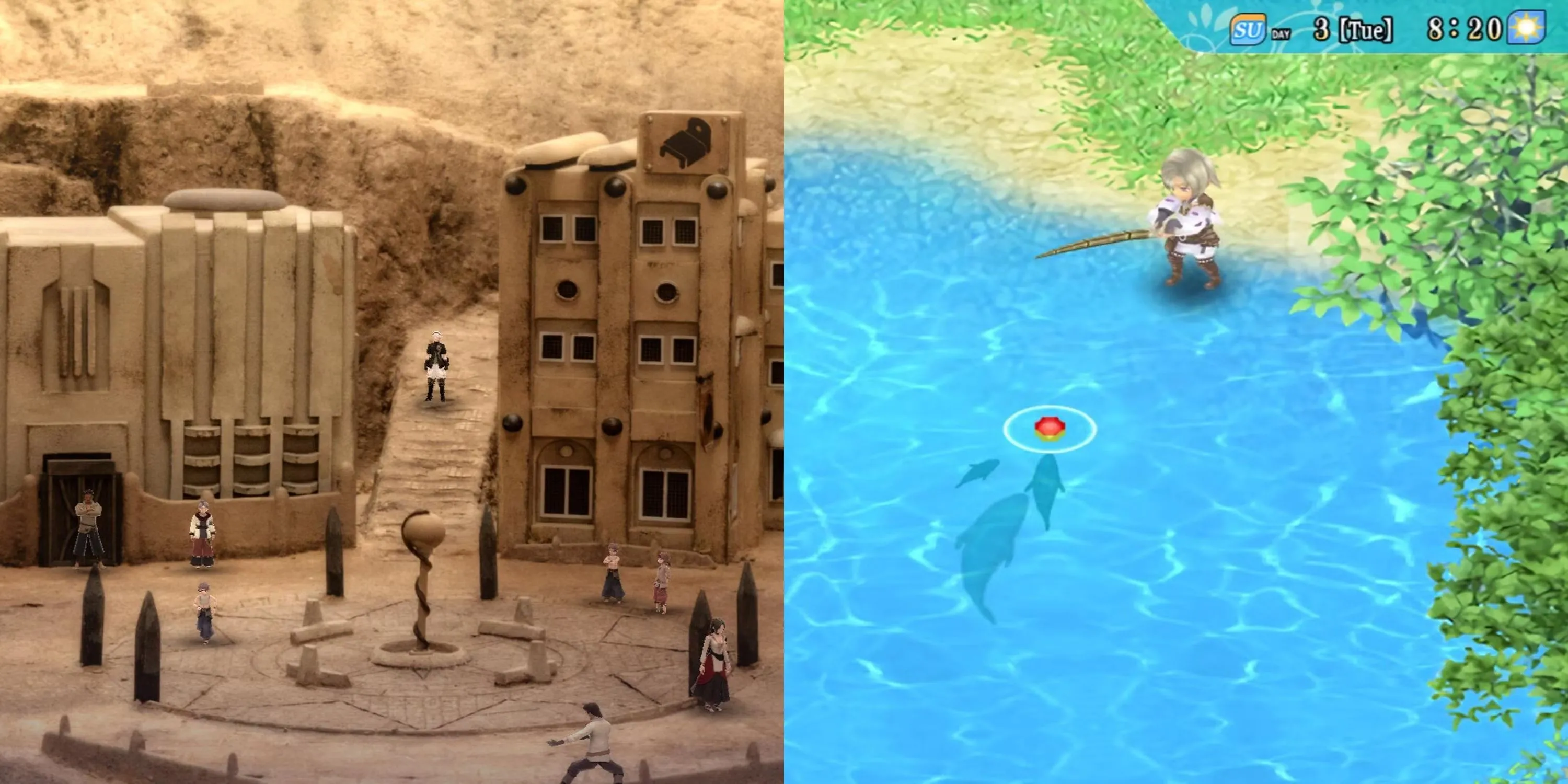 Hai tựa game JRPG đầy màu sắc, Rune Factory 4 và Fantasian, tượng trưng cho những cuộc phiêu lưu thân thiện