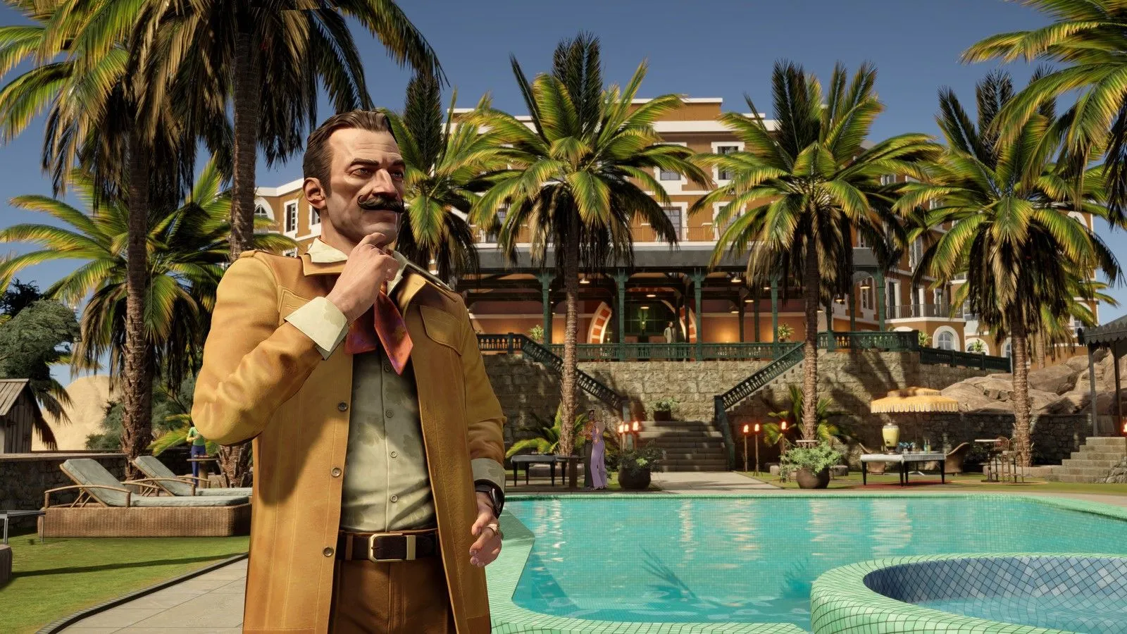 Hercule Poirot đứng gần hồ bơi trong game Agatha Christie Death on the Nile