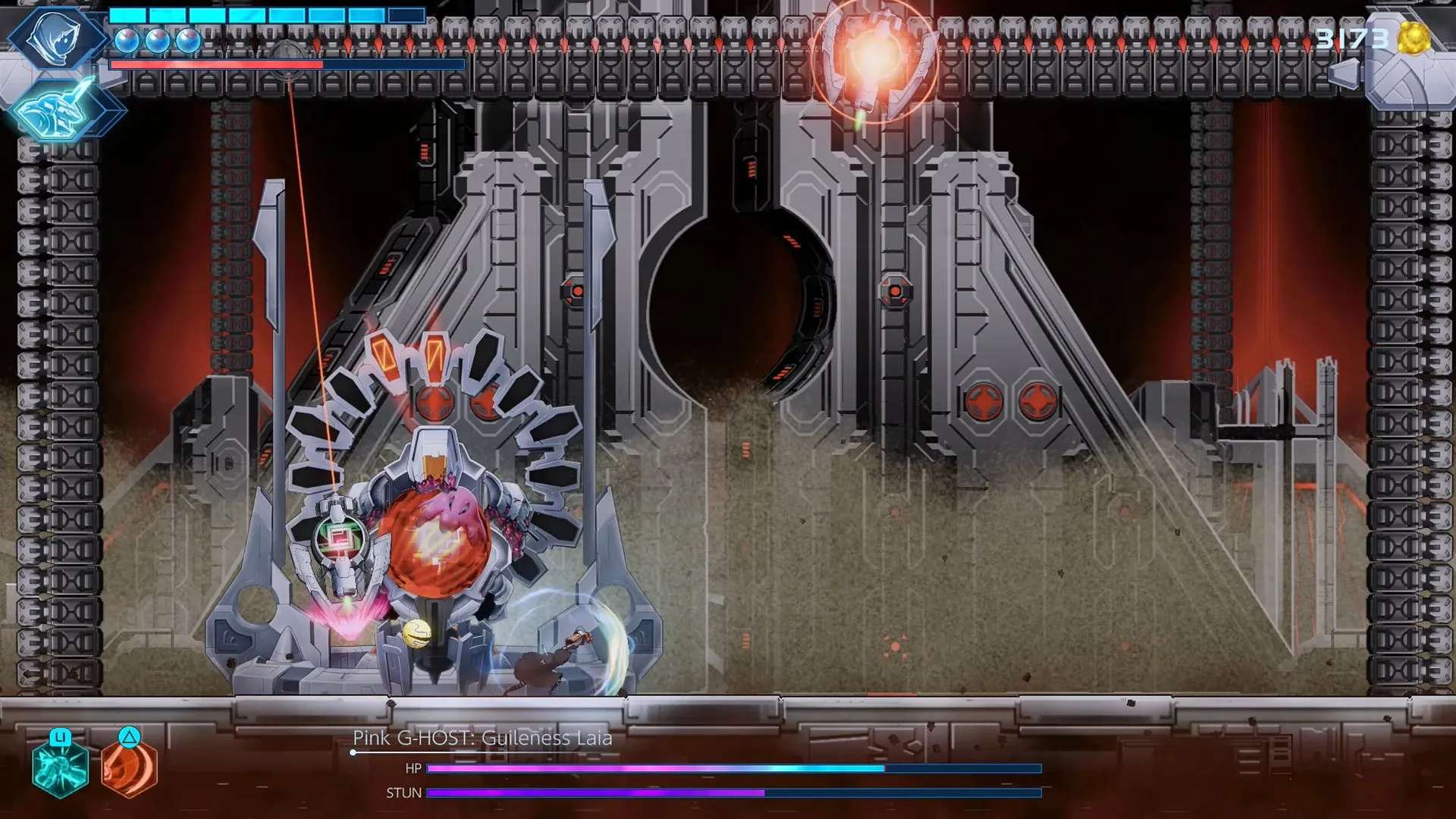 Hình ảnh boss Pink G-HOST ở giai đoạn 2 trong Shadow Labyrinth, hiển thị các đòn tấn công xanh lục