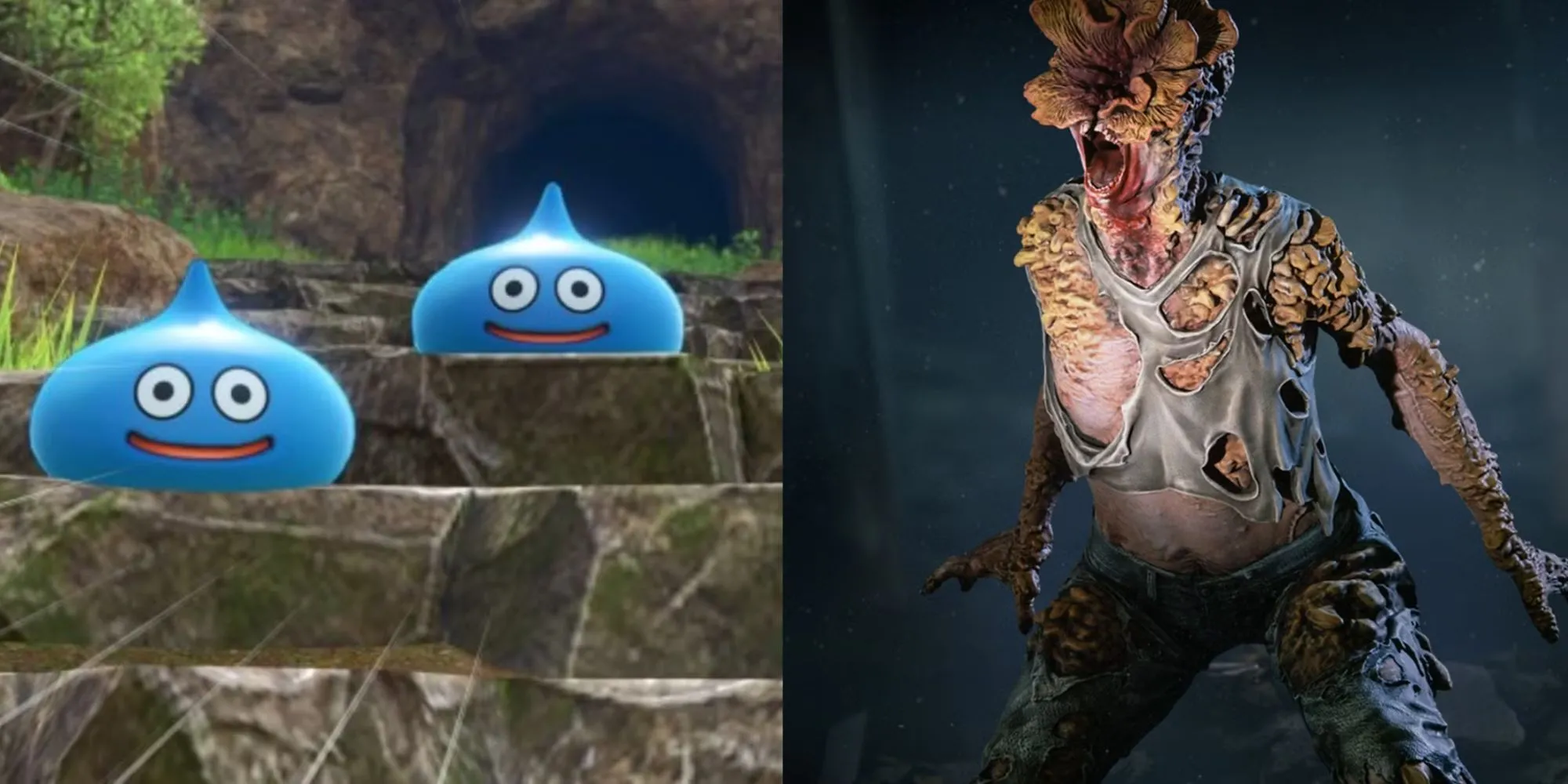 Hình ảnh minh họa một Slime thân thiện từ Dragon Quest và một Clicker đáng sợ từ The Last of Us, tương phản giữa các loại kẻ thù trong game.