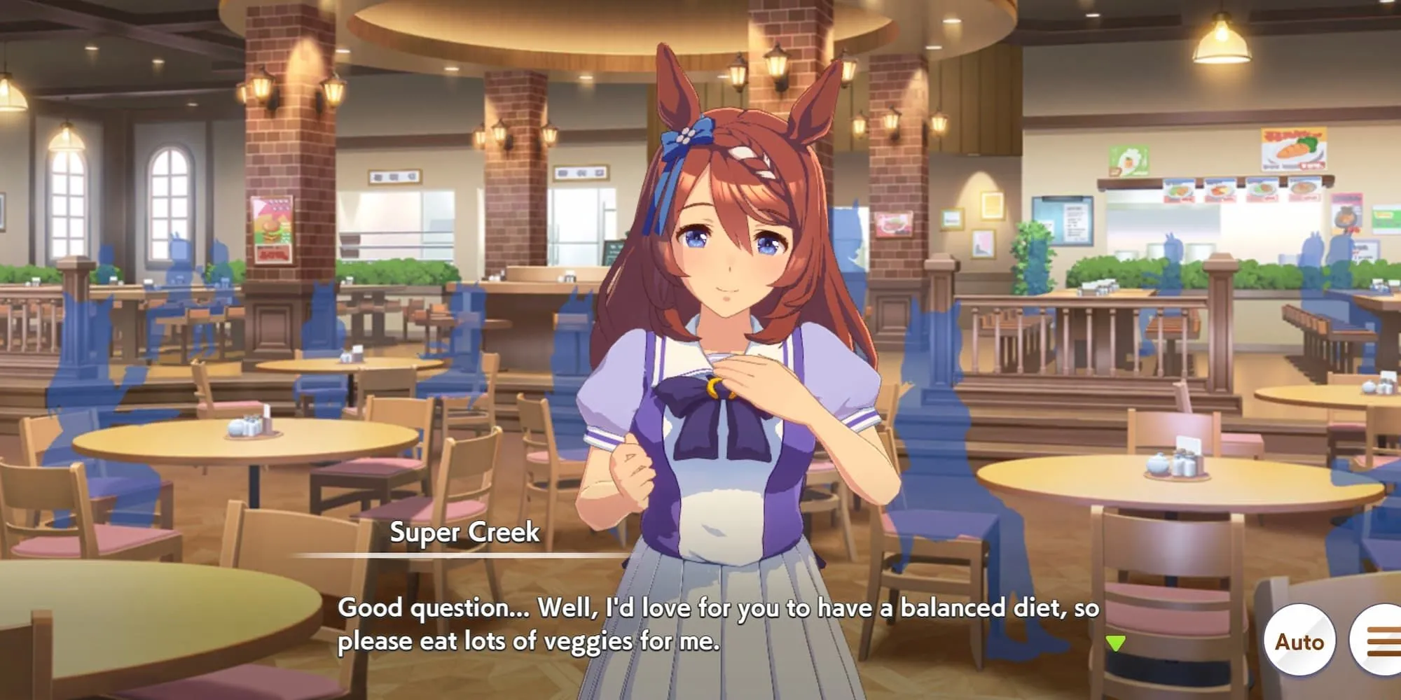Hình ảnh Super Creek trong giao diện game Umamusume Pretty Derby, thể hiện phong thái dịu dàng và ấm áp của cô