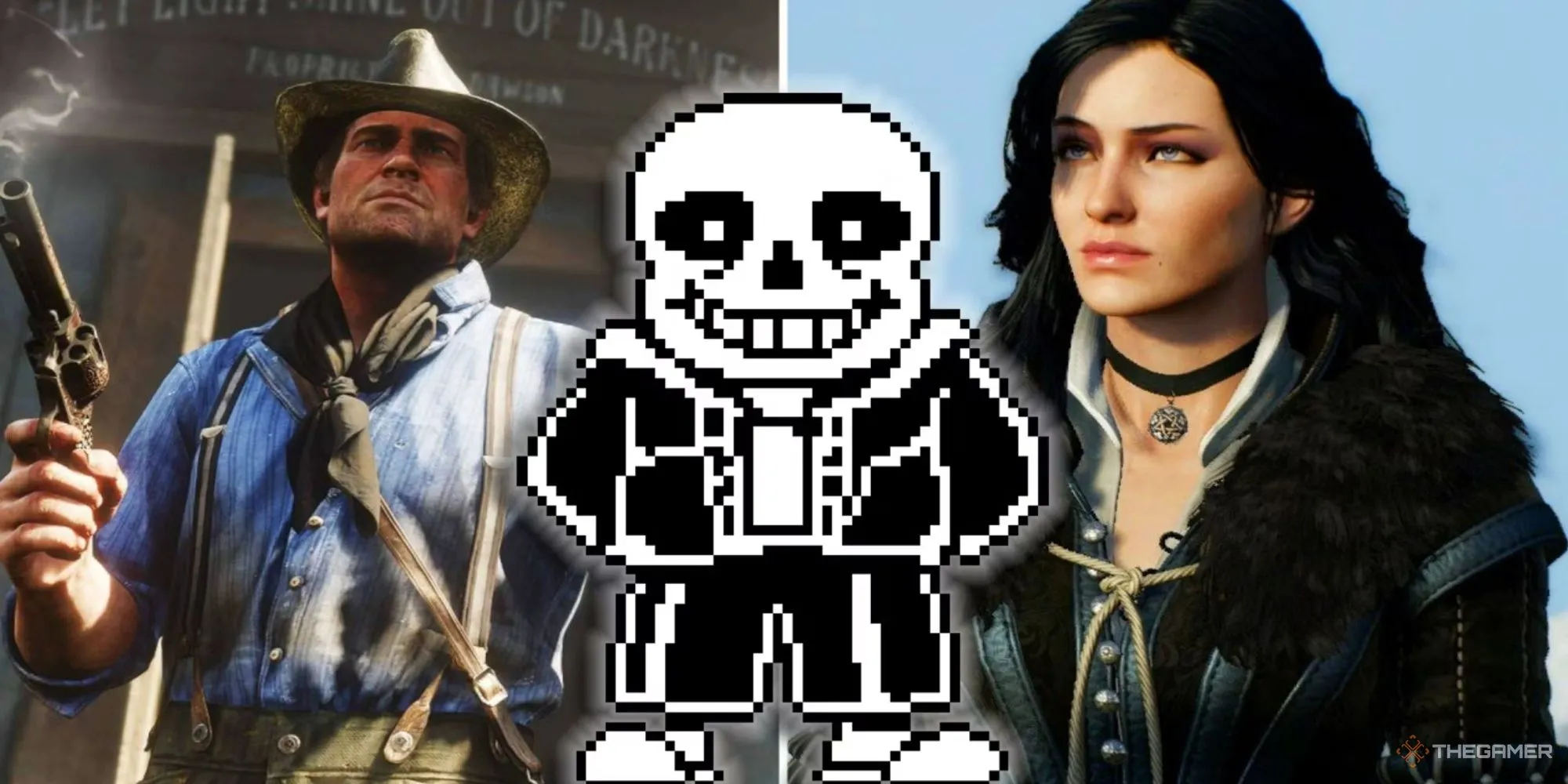 Hình ảnh tổng hợp Arthur Morgan, Sans và Yennefer, minh họa cảm xúc sâu sắc trong các tựa game có cốt truyện bi kịch.