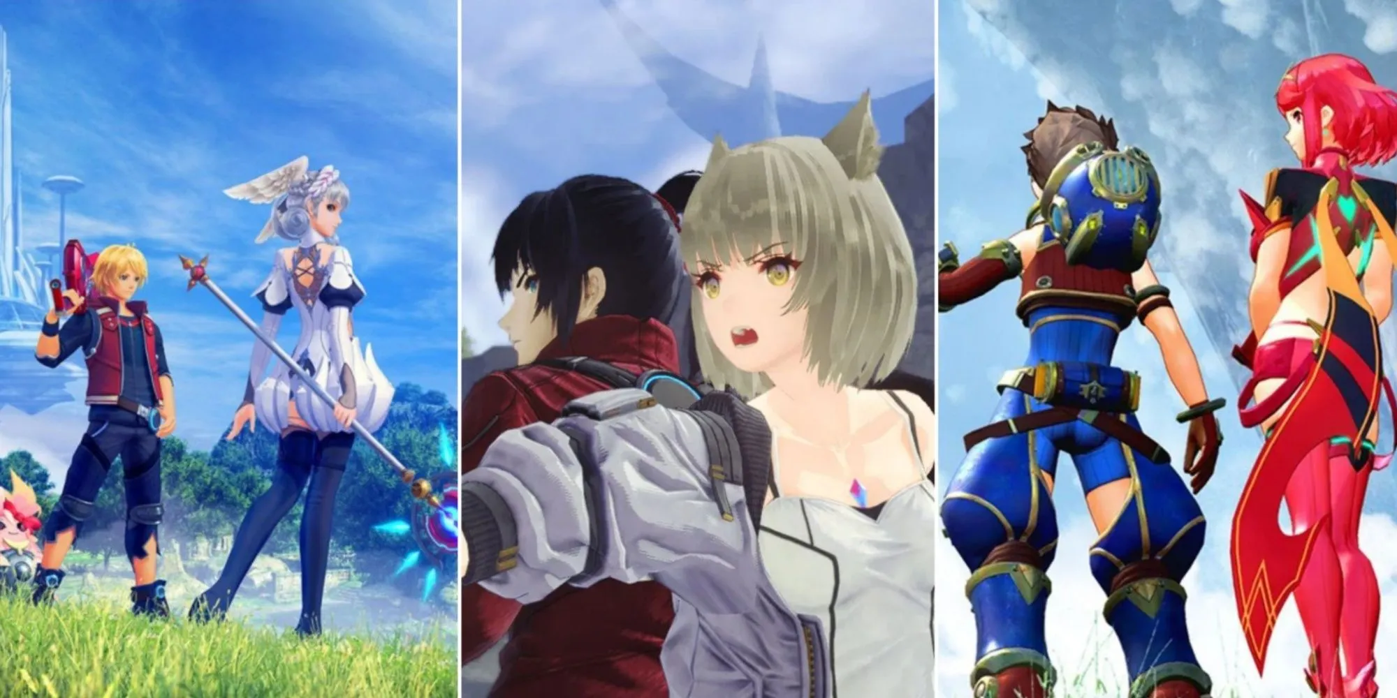 Hình ảnh tổng hợp các cặp nhân vật chính từ series Xenoblade Chronicles: Shulk &amp; Melia, Noah &amp; Mio, Rex &amp; Pyra.