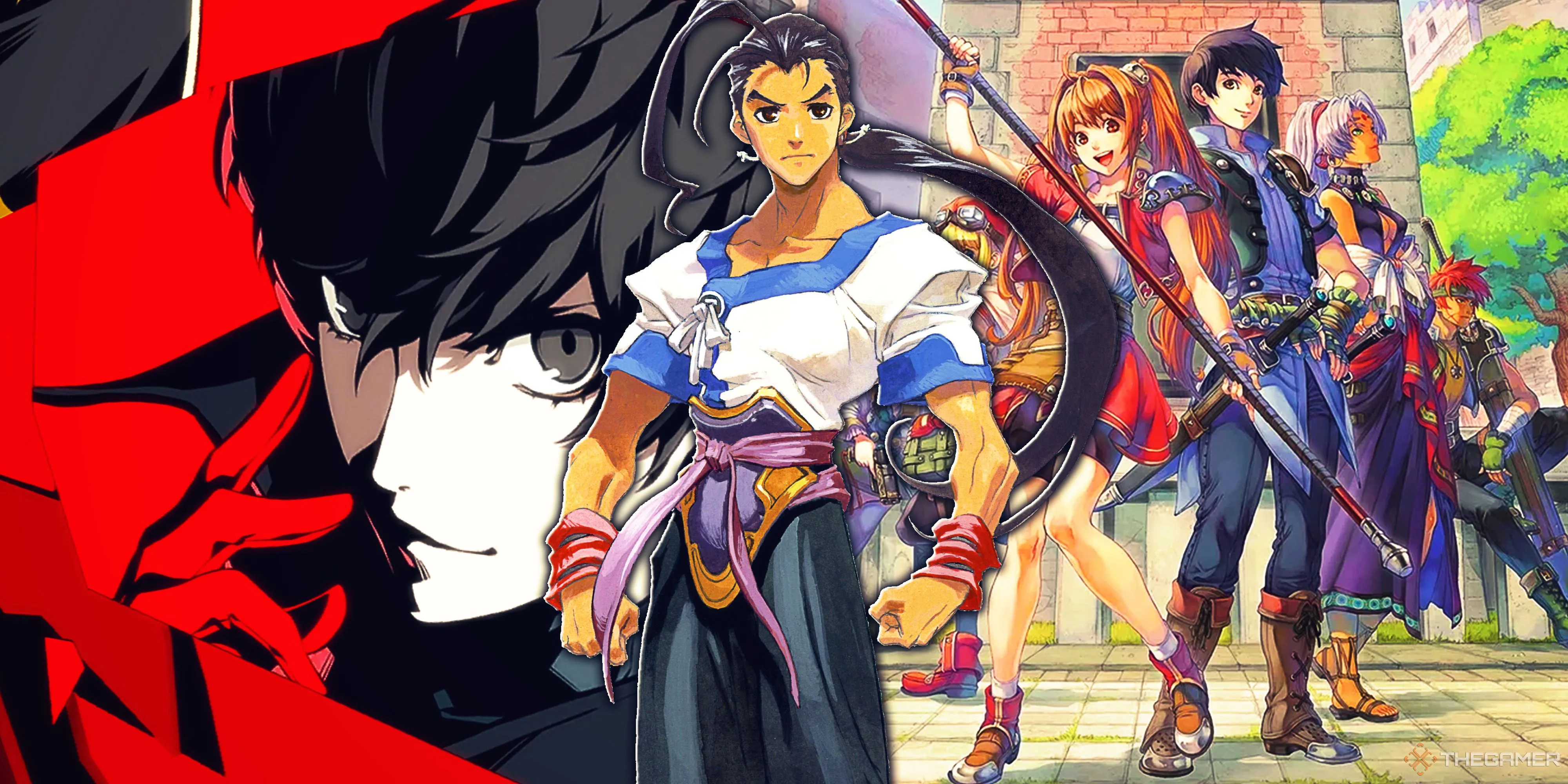 Hình ảnh tổng hợp Persona 5 Royal, Xenogears và The Legend of Heroes Trails in the Sky, đại diện cho những JRPG kinh điển.
