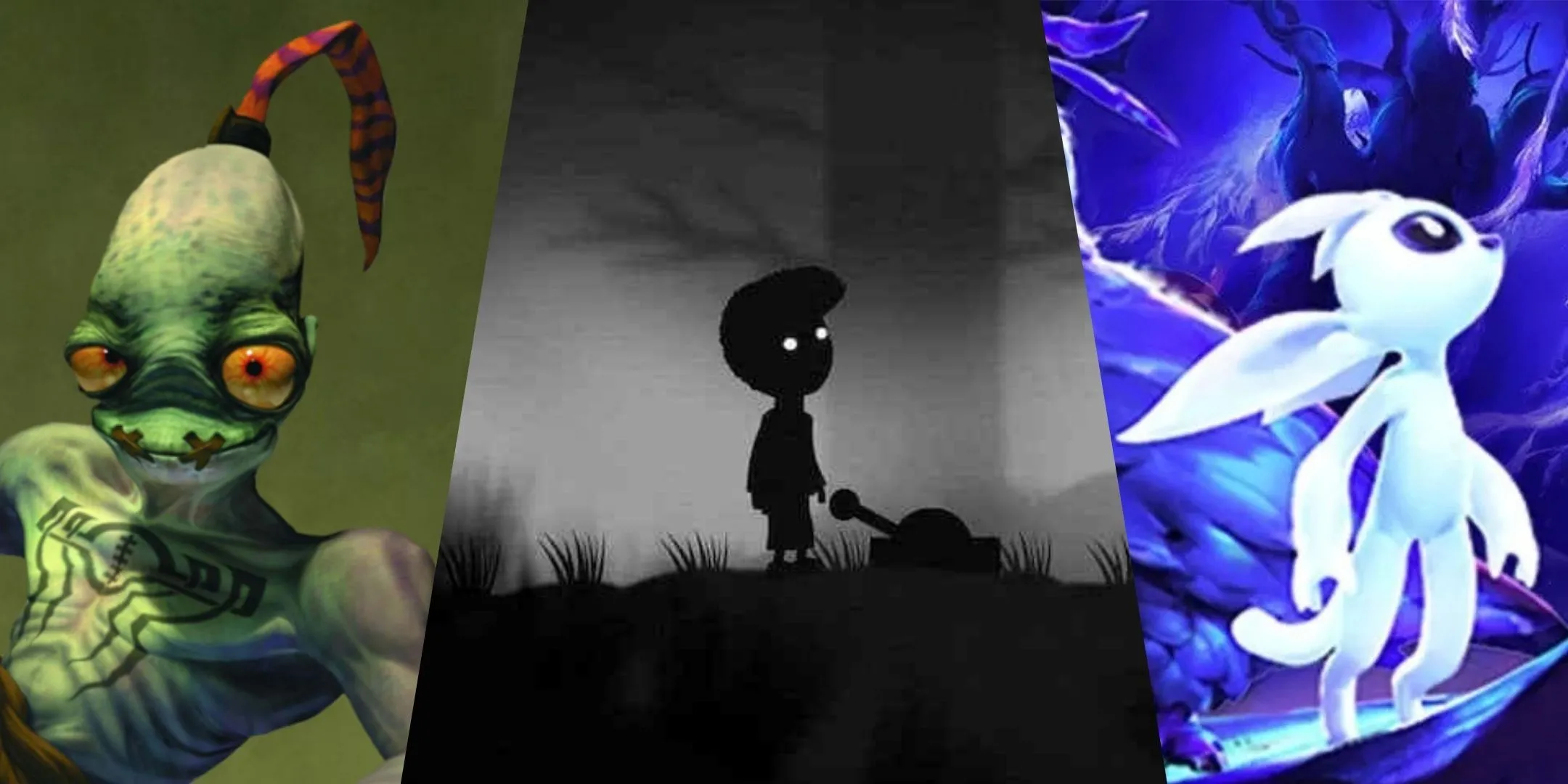Hình ảnh tổng hợp từ các tựa game platformer nổi tiếng như Oddworld, Limbo và Ori and the Will of the Wisps, nơi cốt truyện và cảm xúc được thể hiện mạnh mẽ.