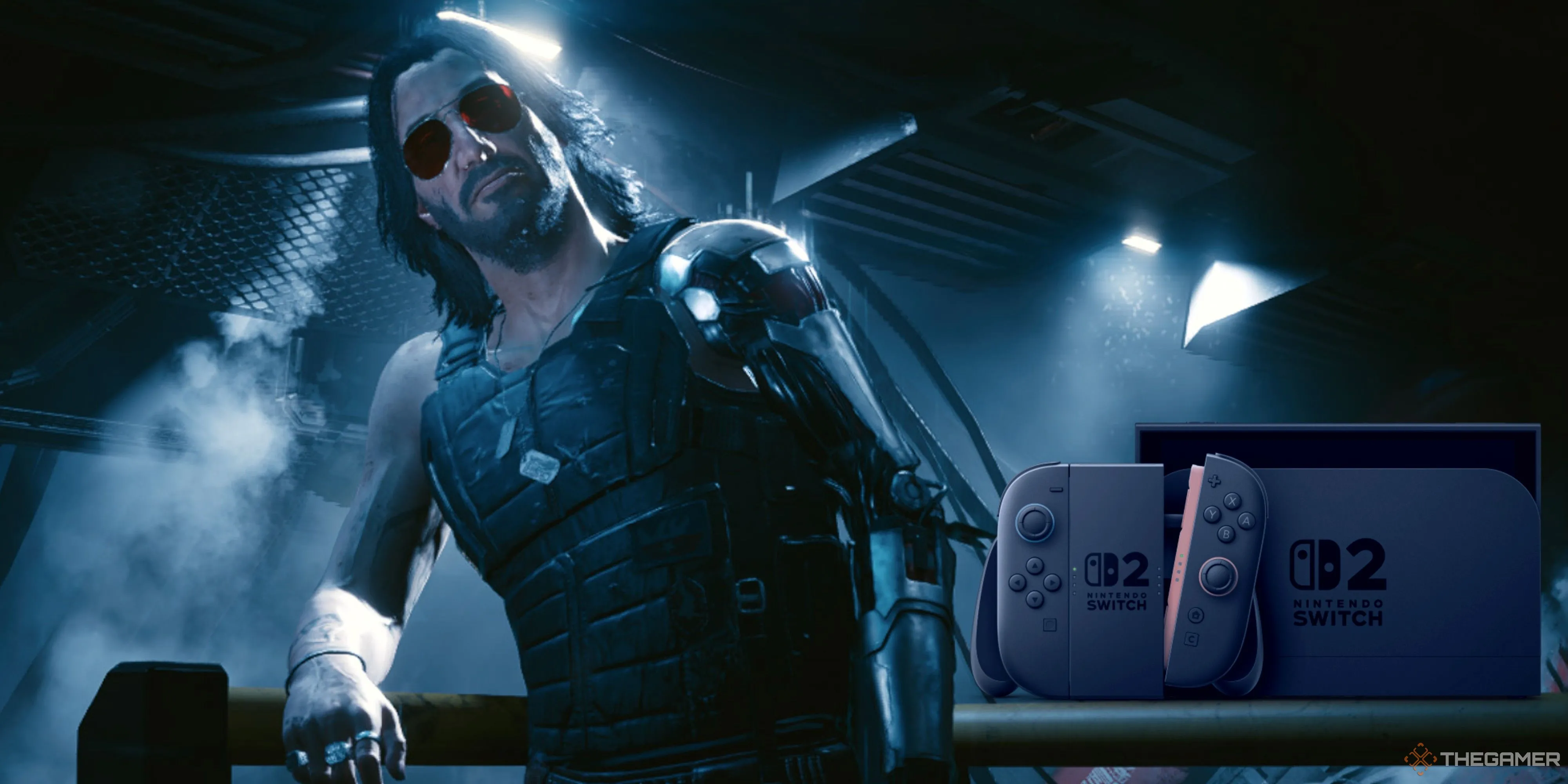 Johnny Silverhand đứng cạnh biểu tượng Switch 2 trong Cyberpunk 2077, thể hiện không khí tương lai u tối của Night City và sự phát triển không ngừng của tựa game.