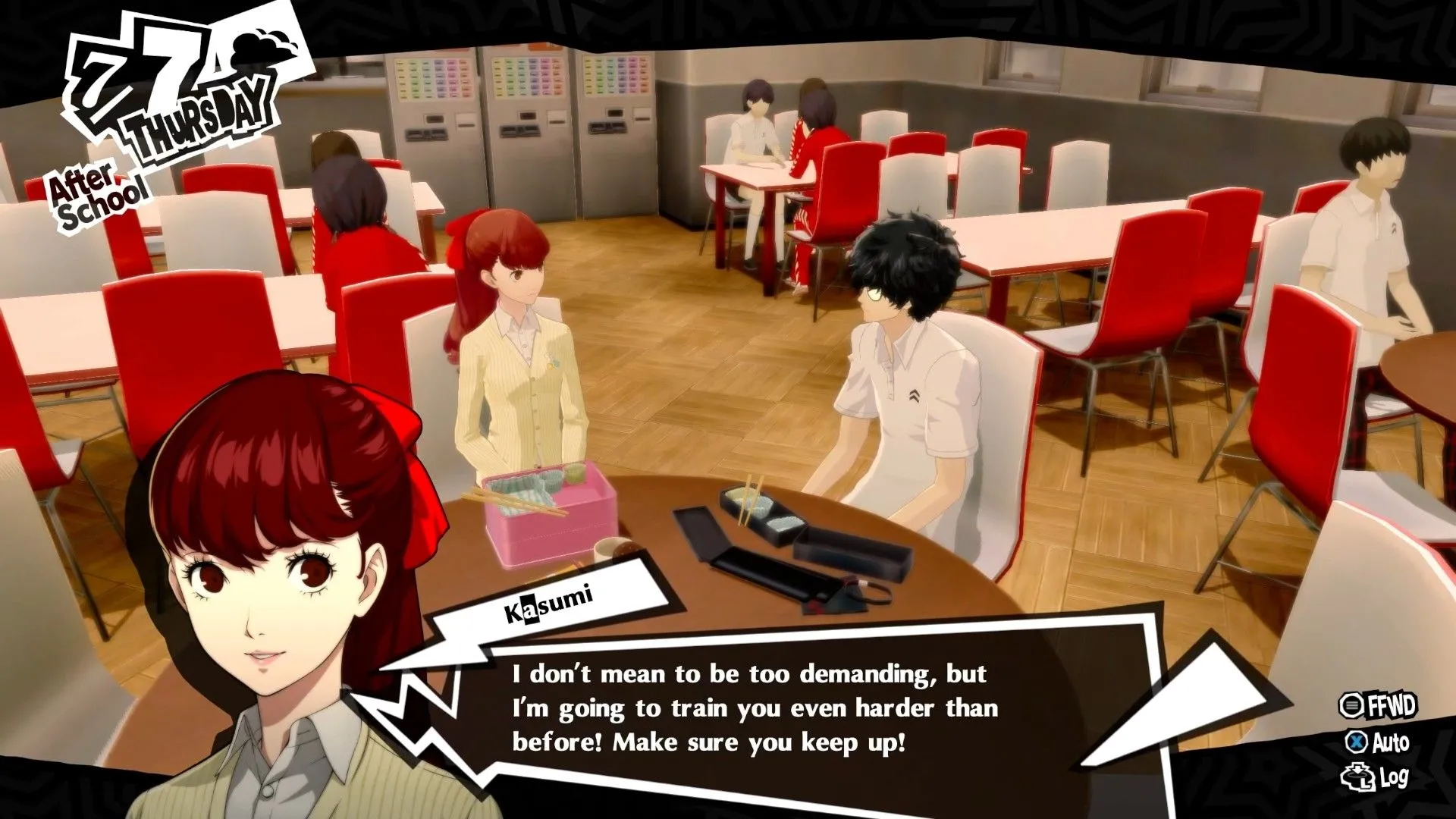 Joker và các thành viên Phantom Thieves tương tác trong cuộc sống hàng ngày tại Nhật Bản hiện đại, thể hiện khía cạnh mô phỏng cuộc sống và xây dựng mối quan hệ của Persona 5 Royal.
