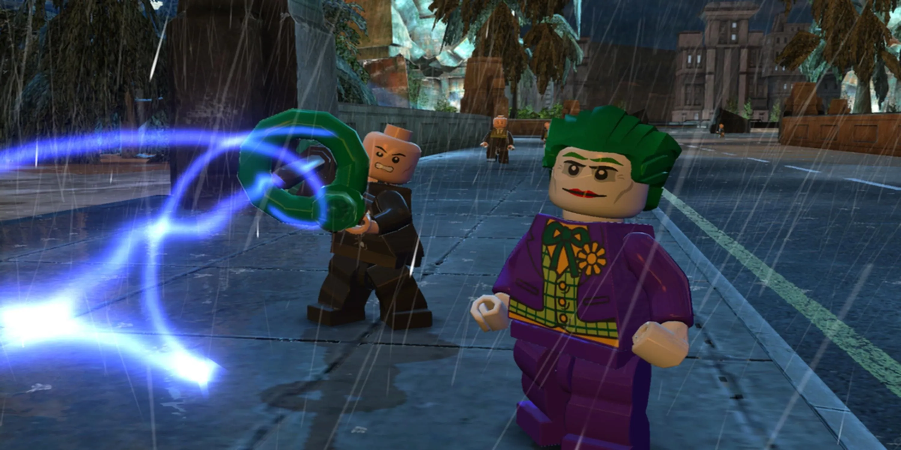 Joker và tay sai sử dụng súng laser trên đường phố trong Lego Batman 2 DC Super Heroes