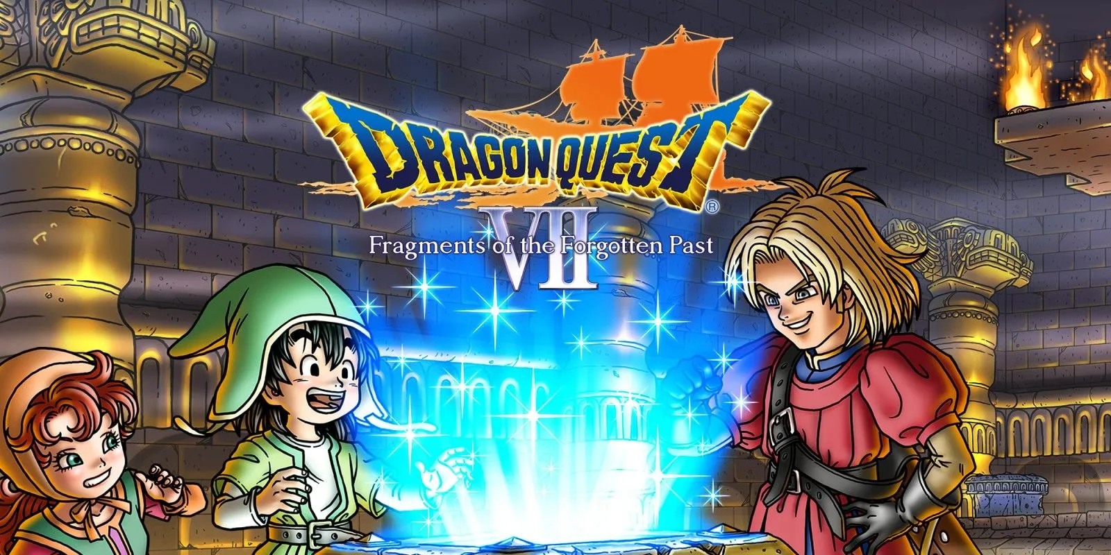 Key art chính của Dragon Quest VII: Fragments of the Forgotten Past, với các nhân vật trung tâm.