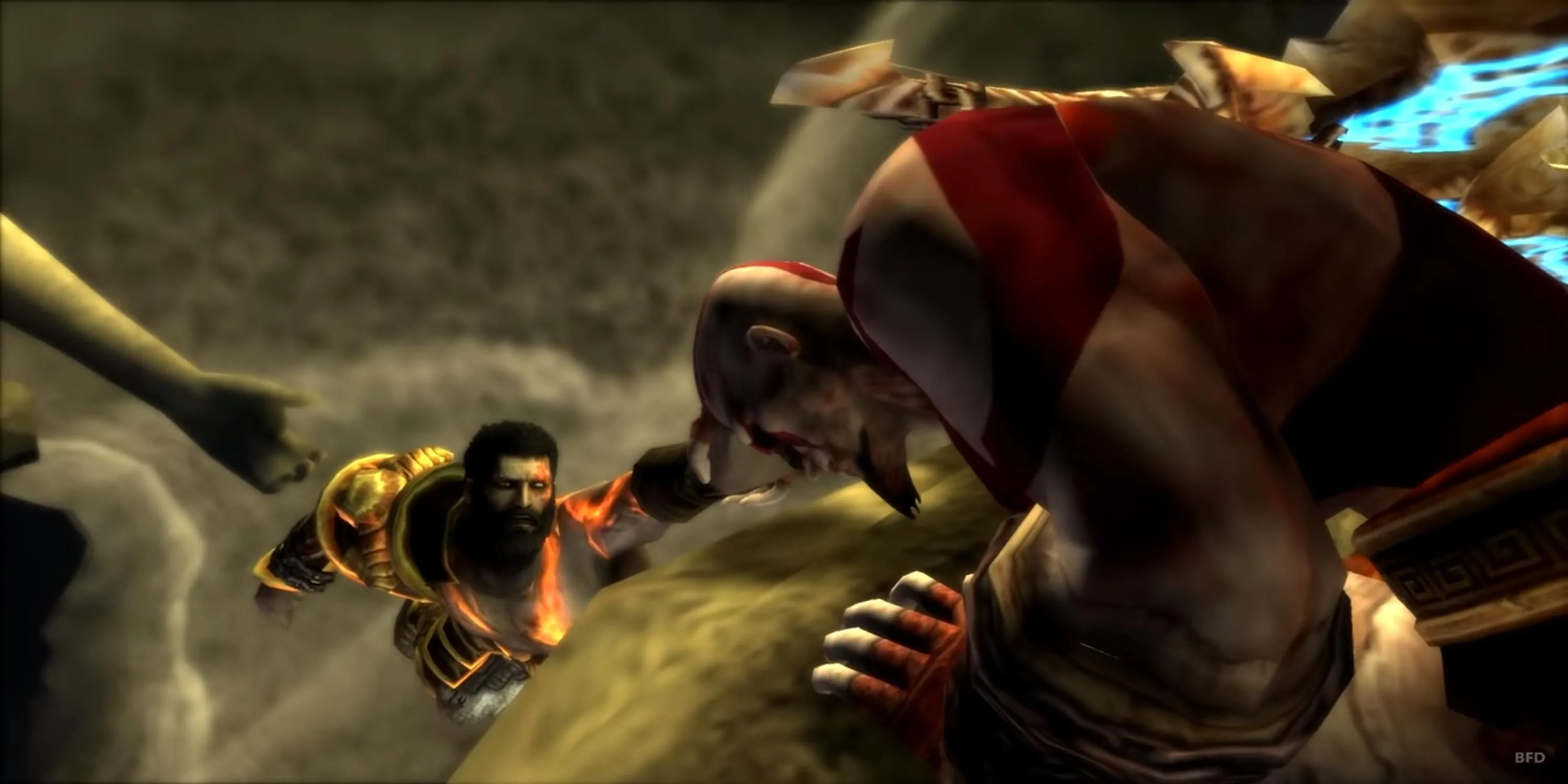 Kratos ôm lấy em trai Deimos trong God of War: Ghost of Sparta, thể hiện khía cạnh cốt truyện sâu sắc và đồ họa ấn tượng trên PSP