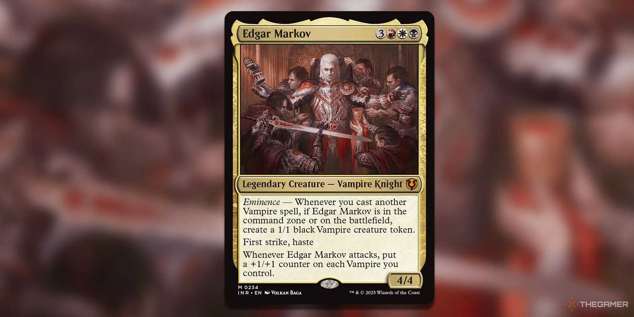Lá bài Edgar Markov, thủ lĩnh Vampire quyền lực từ Magic: The Gathering, với hình ảnh một ma cà rồng quý tộc đáng sợ, biểu tượng của khả năng triệu hồi quân số áp đảo.