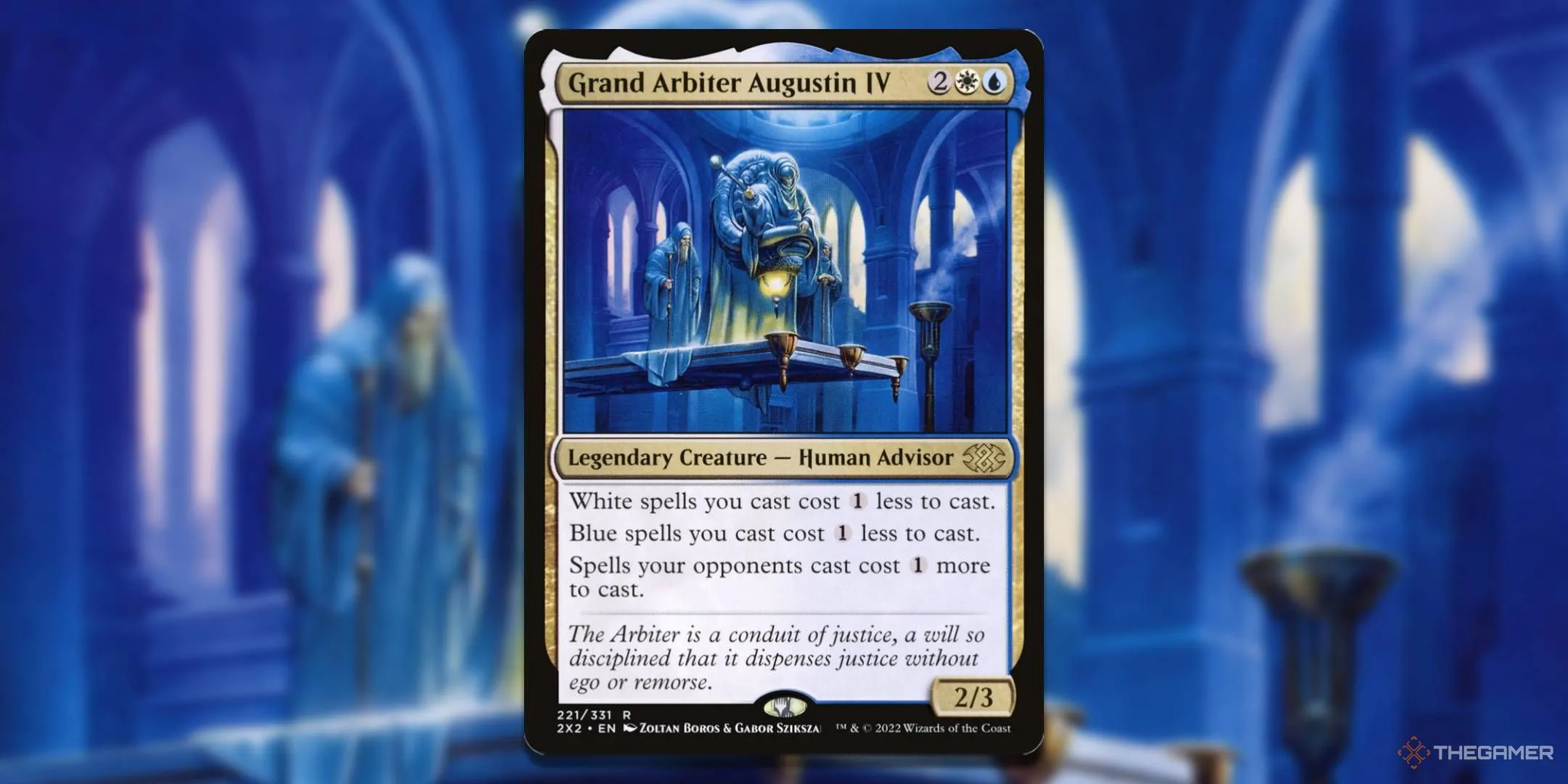 Lá bài Grand Arbiter Augustin IV trong Magic: The Gathering, một pháp sư áo trắng quyền uy, đại diện cho chiến lược Stax làm chậm và cản trở đối thủ.