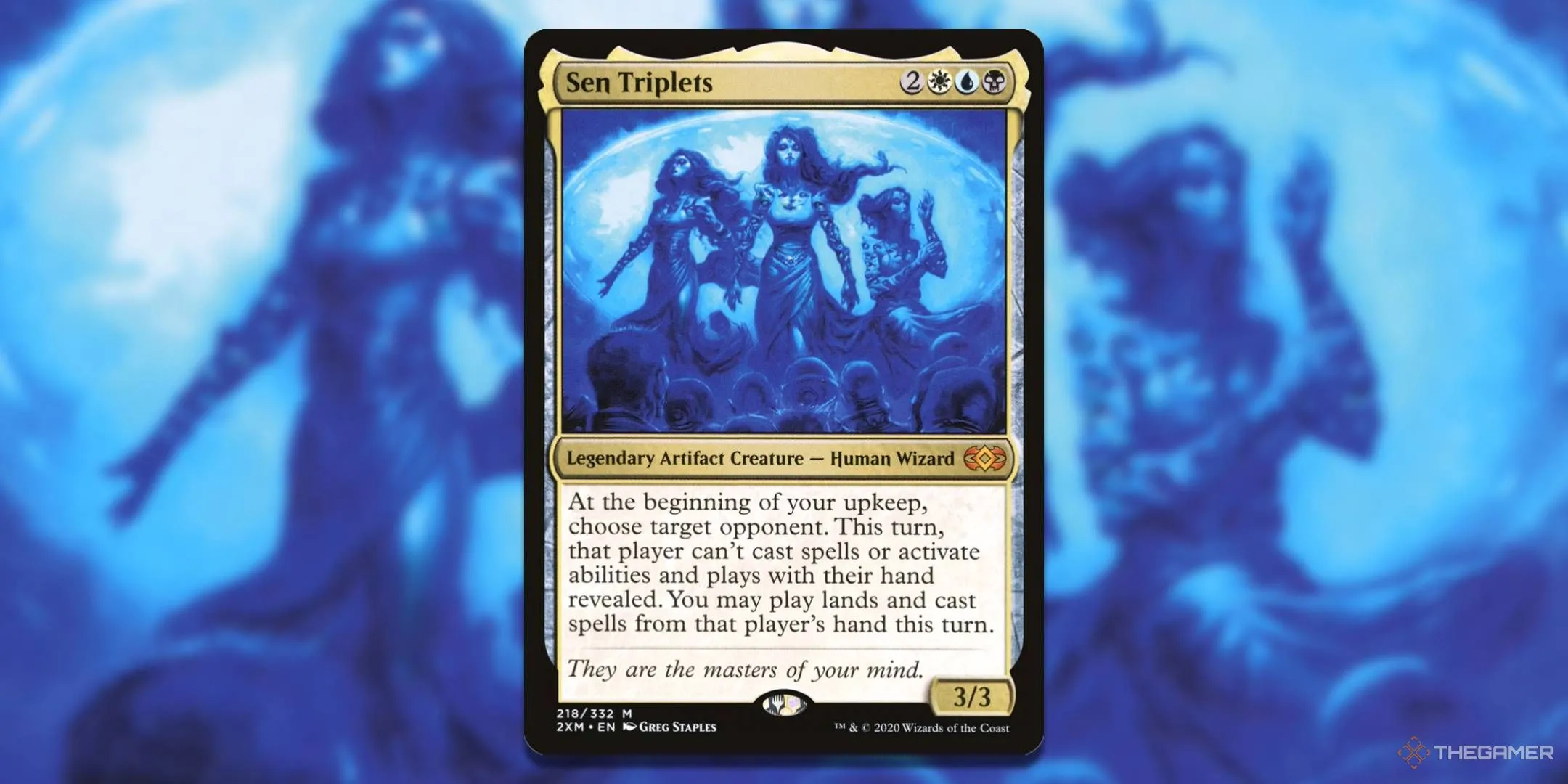 Lá bài Sen Triplets trong Magic: The Gathering với hình minh họa ba thực thể bí ẩn, tượng trưng cho khả năng kiểm soát bài của đối thủ.