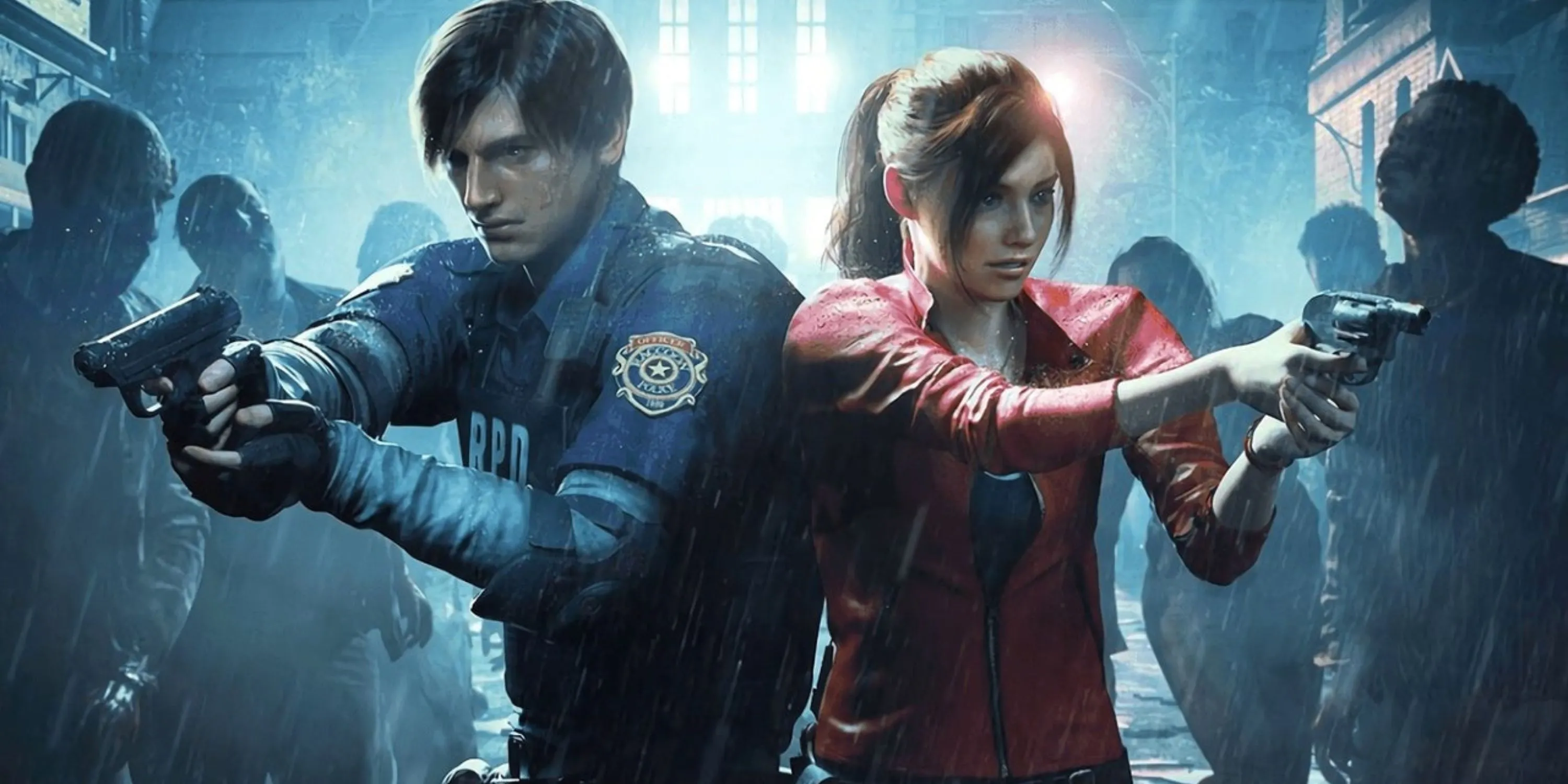 Leon Kennedy và Claire Redfield cầm súng khi zombie tiếp cận dưới mưa trong Resident Evil 2 Remake