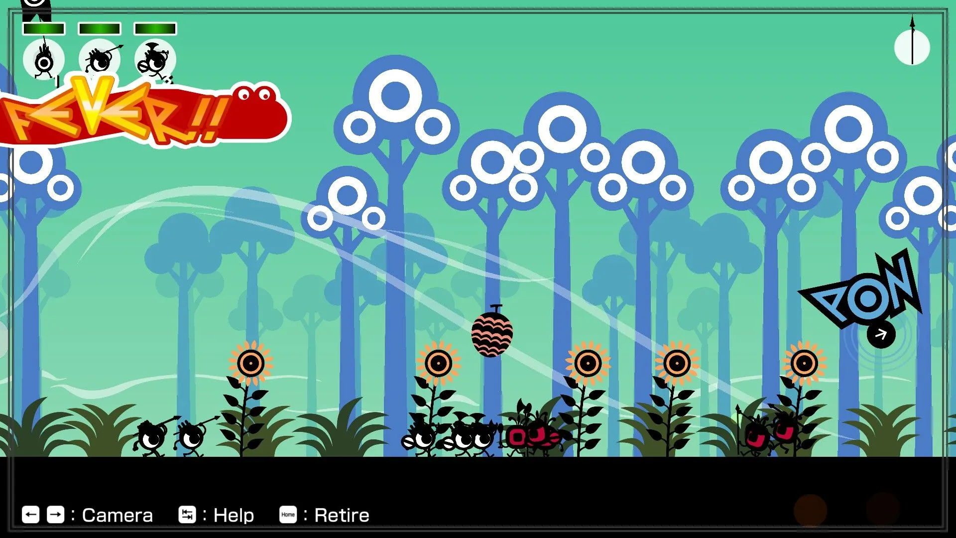 Lối chơi Patapon 1+2 Replay với các Patapon di chuyển theo nhịp điệu