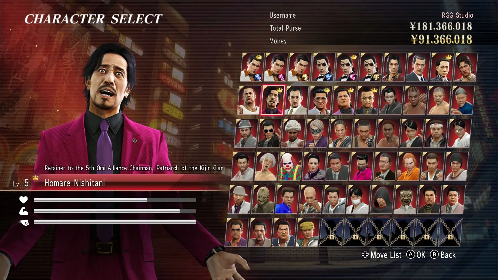 Màn hình chọn nhân vật trong chế độ Red Light Raid của Yakuza 0 Director's Cut, với Kiryu và Majima cùng các phong cách chiến đấu khác nhau.