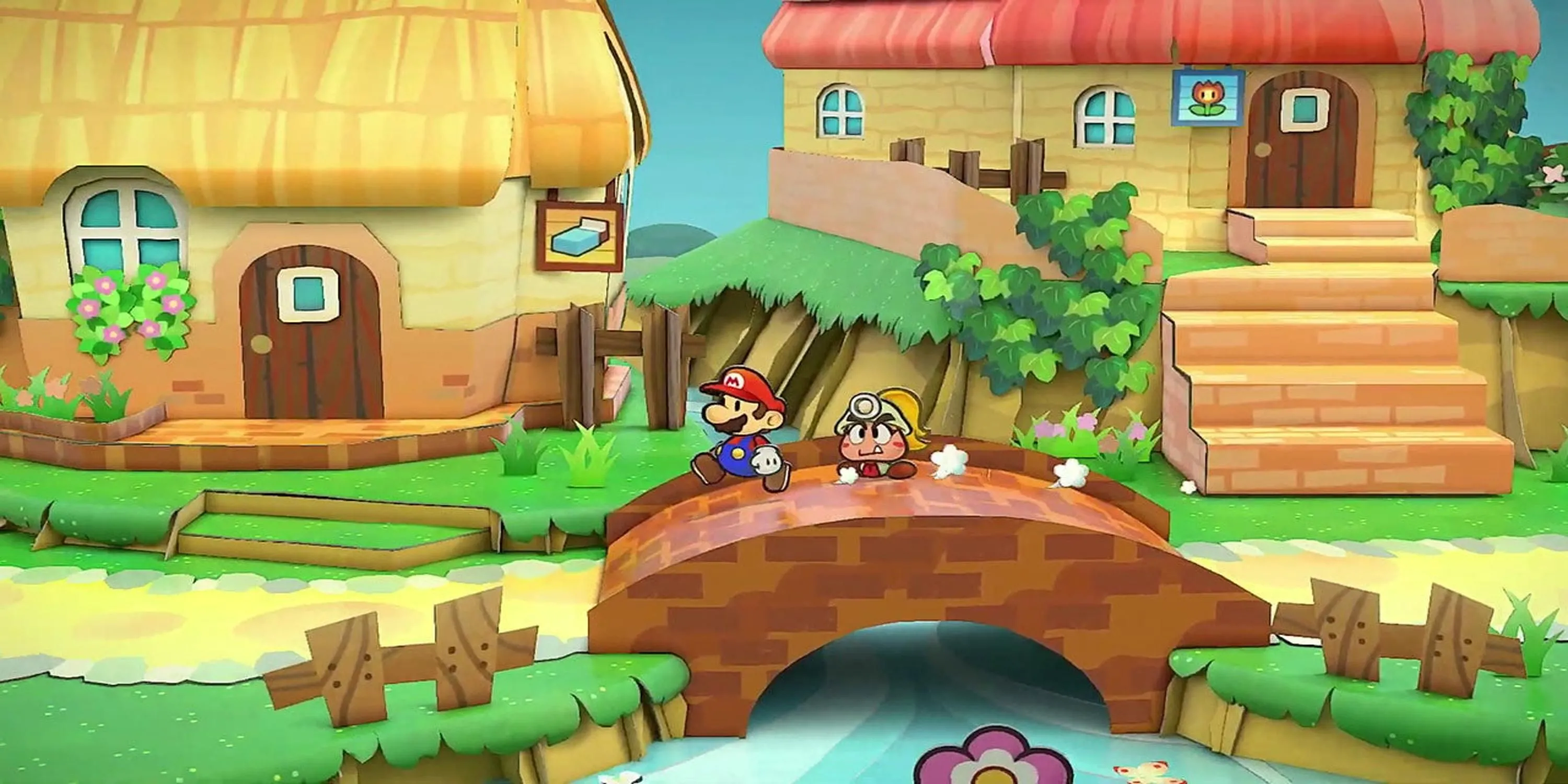 Mario đi qua một cây cầu trong Paper Mario: The Thousand-Year Door, thể hiện phong cách đồ họa phẳng phiu và thế giới đầy màu sắc.