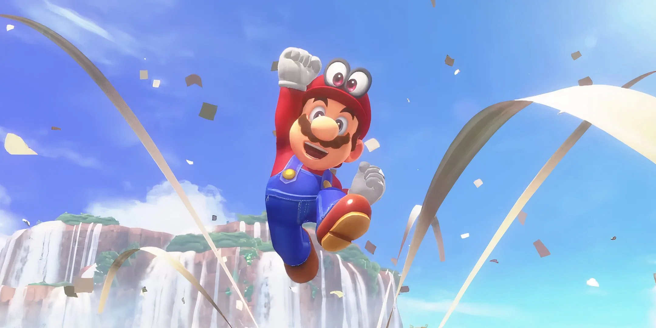 Mario vui vẻ nhảy múa, biểu tượng của dòng game Super Mario Odyssey.