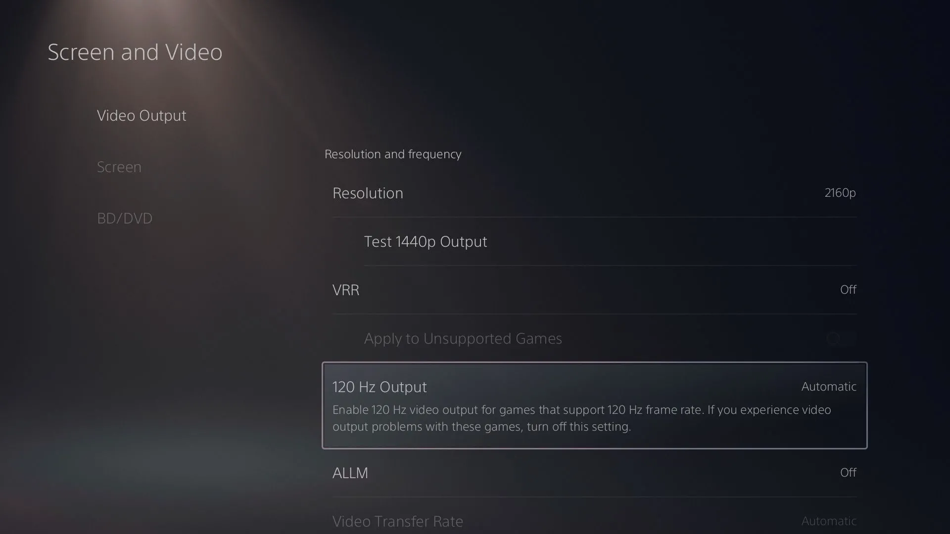 Menu cài đặt hiển thị và video của PlayStation 5, cho phép kích hoạt tùy chọn xuất 120Hz tự động