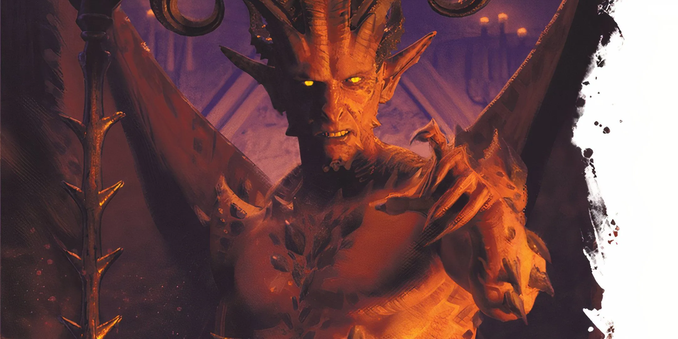 Một ác quỷ Horned Devil với đôi mắt phát sáng, biểu tượng của sự hủy diệt và hỗn loạn của Chaotic Evil