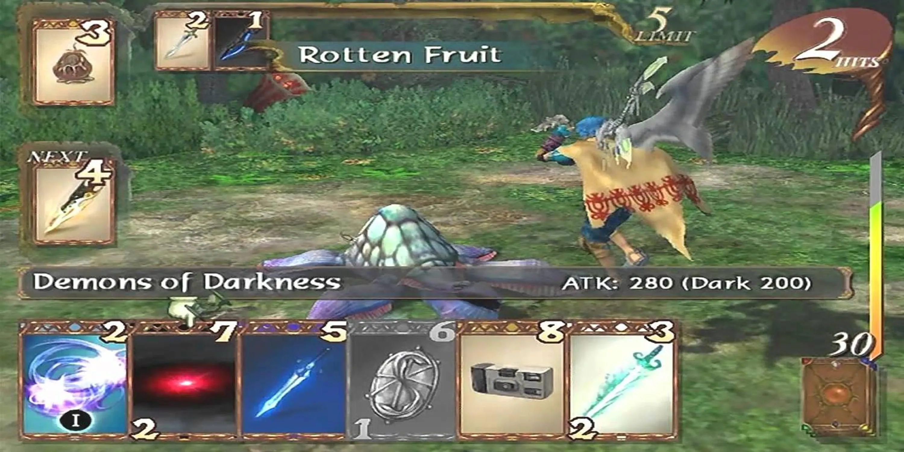 Một cảnh chiến đấu độc đáo trong Baten Kaitos Origins trên Nintendo GameCube, thể hiện hệ thống thẻ bài mang tính chiến lược.