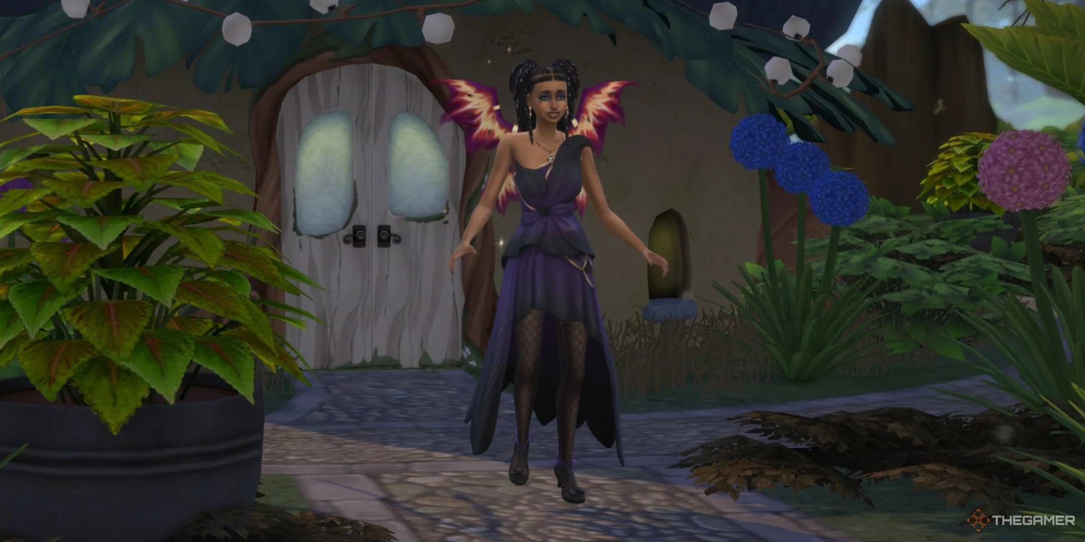 Một Sim đang bay bên ngoài khu vực trung tâm Tiên Tộc ở Everdew trong The Sims 4 Enchanted by Nature.